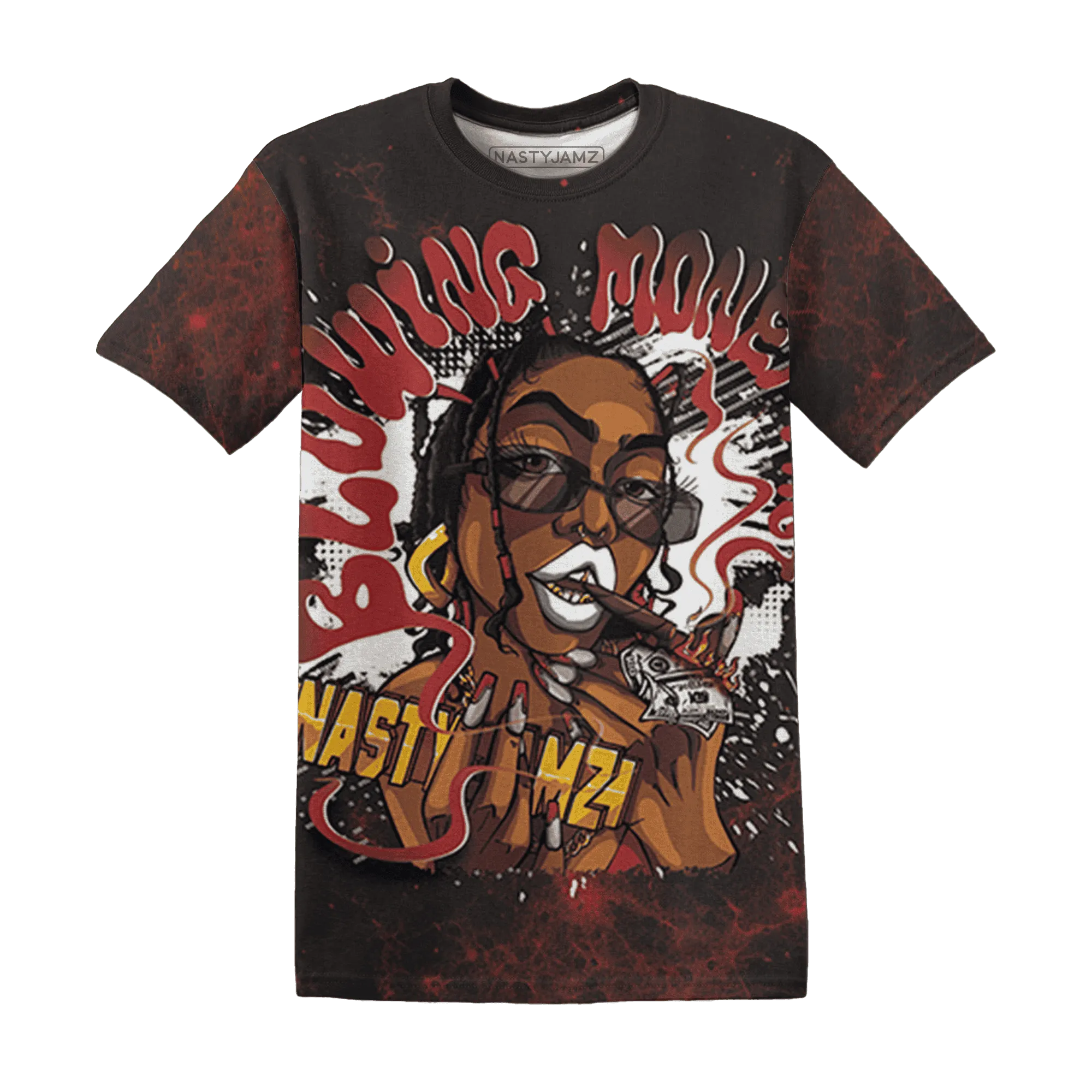Black-Toe-Reimagined-Red-White-1s-NastyJamz-T-Shirt-Match-Blowing-Money-Fast-Girl-3D