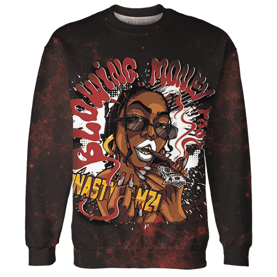 Black-Toe-Reimagined-Red-White-1s-NastyJamz-Sweatshirt-Match-Blowing-Money-Fast-Girl-3D