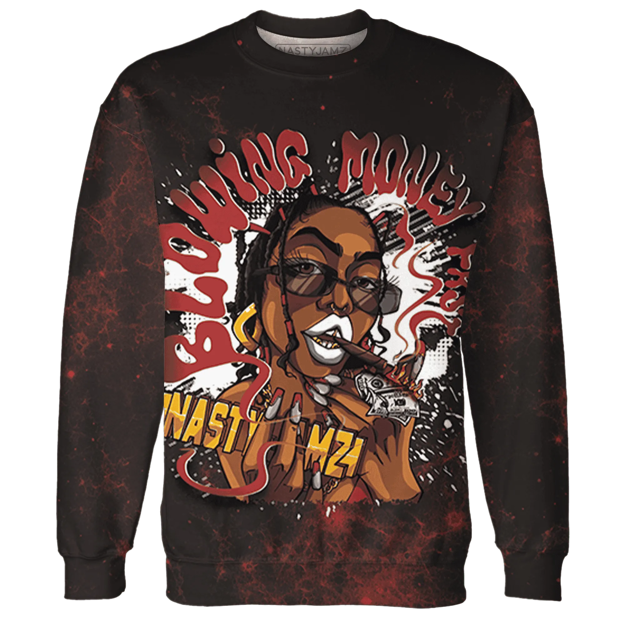 Black-Toe-Reimagined-Red-White-1s-NastyJamz-Sweatshirt-Match-Blowing-Money-Fast-Girl-3D