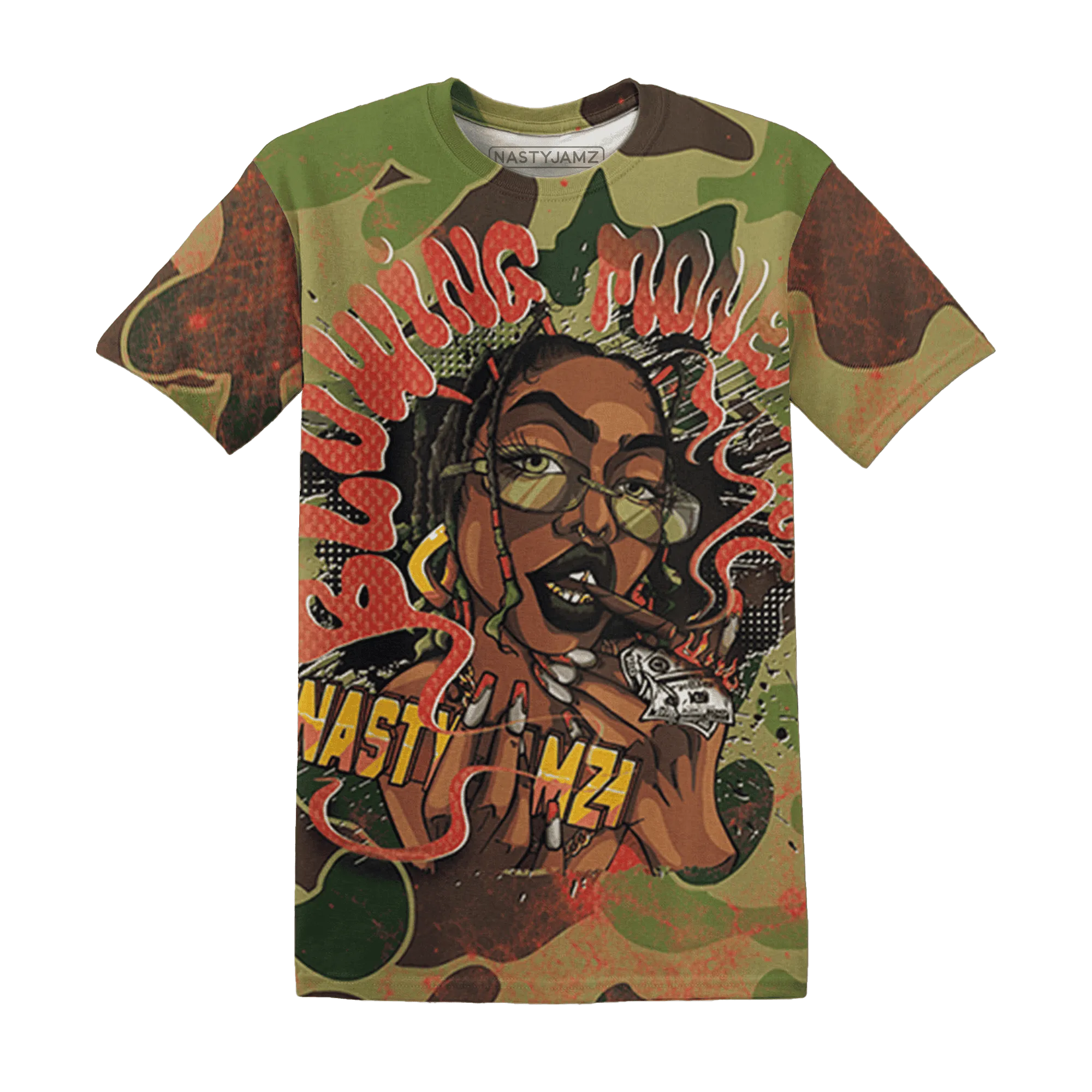 AM-90-Dark-Sage-Solar-Red-NastyJamz-T-Shirt-Match-Blowing-Money-Fast-Girl-3D