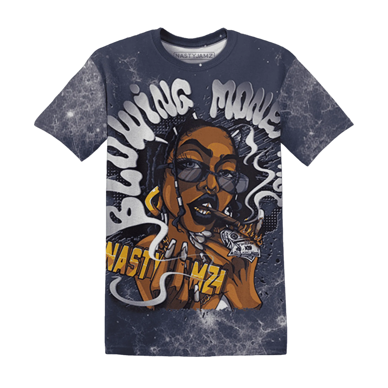 VaporMax-Plus-Midnight-Navy-White-Metallic-Silver-NastyJamz-T-Shirt-Match-Blowing-Money-Fast-Girl-3D