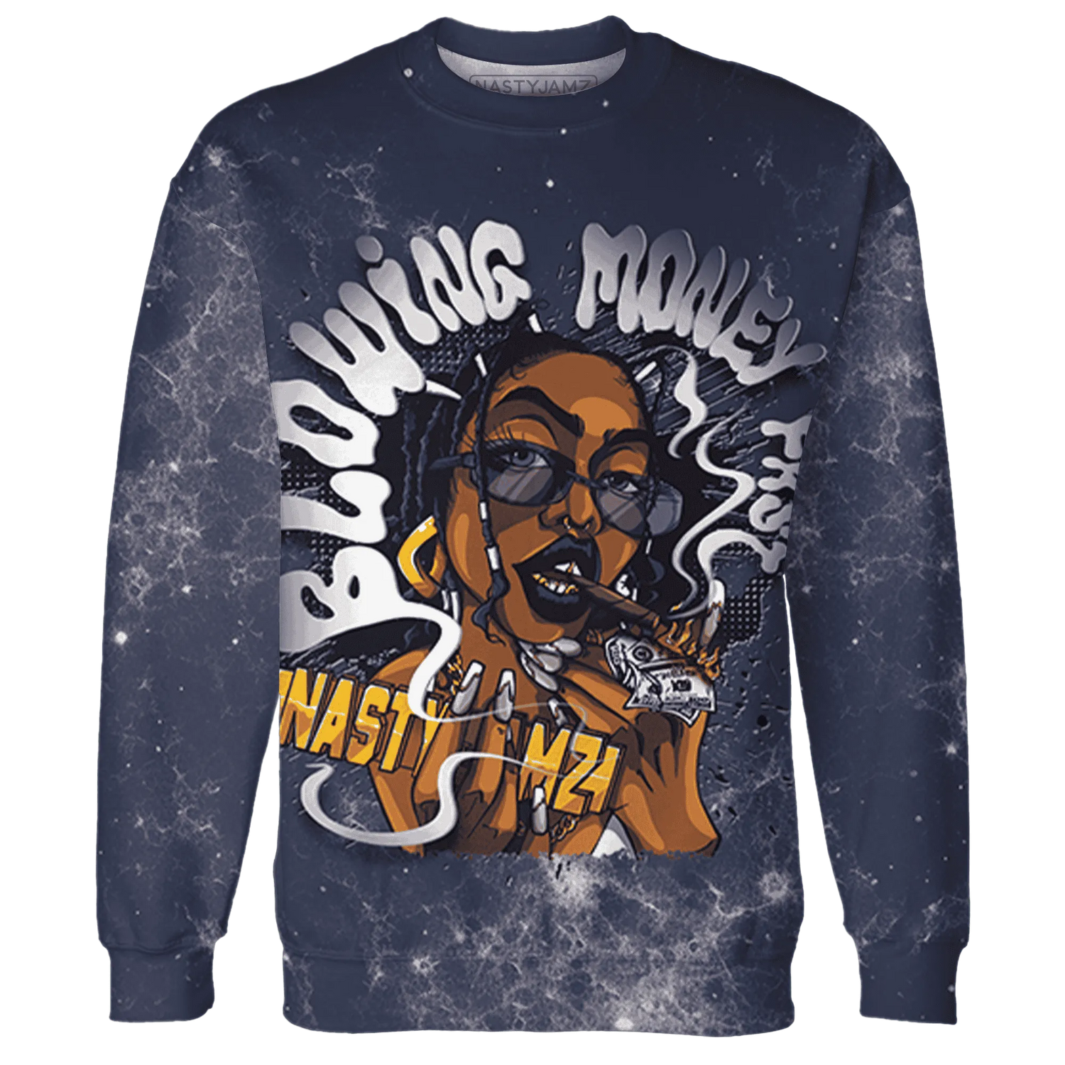 VaporMax-Plus-Midnight-Navy-White-Metallic-Silver-NastyJamz-Sweatshirt-Match-Blowing-Money-Fast-Girl-3D