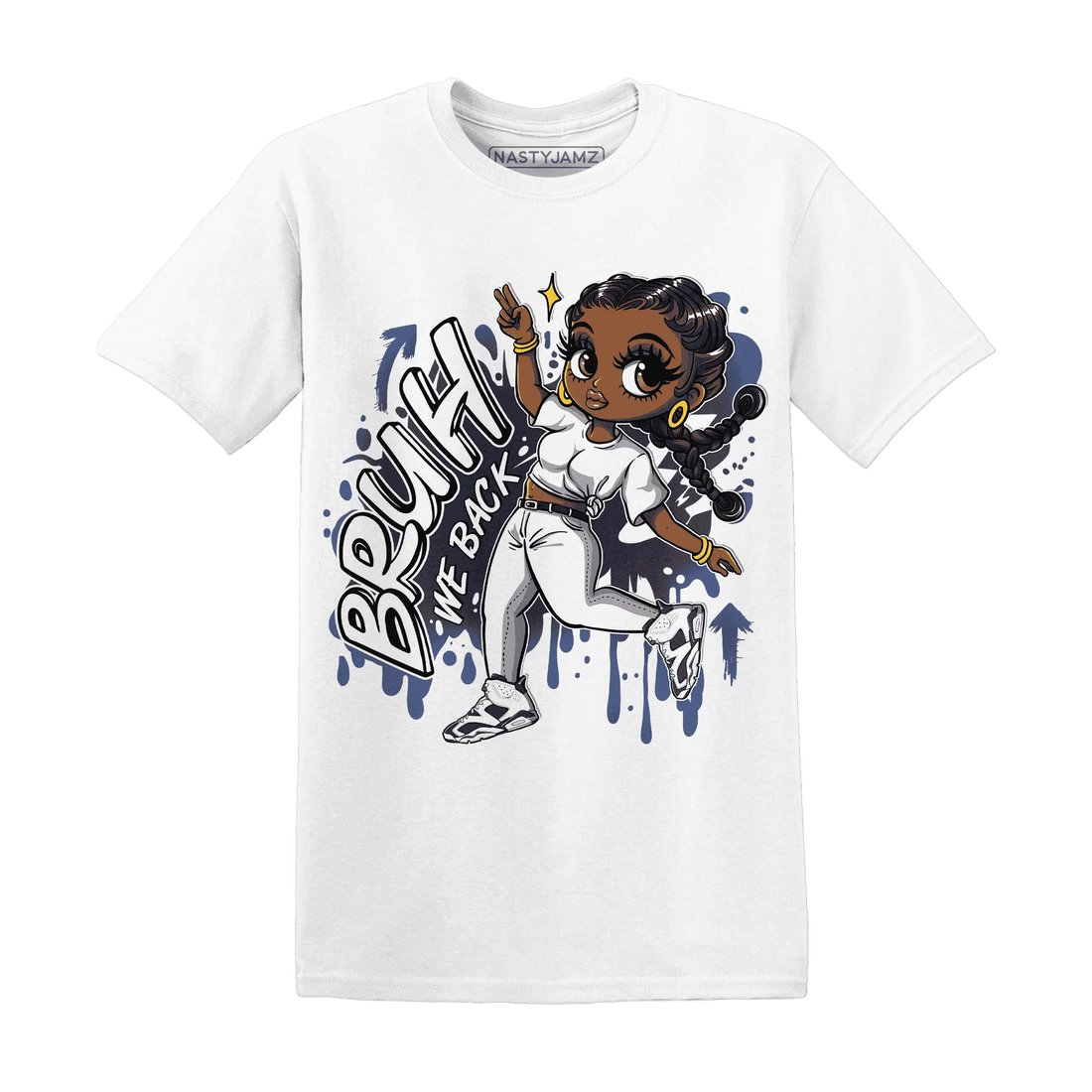 White-Navy-6s-T-Shirt-Match-Bruh-We-Back-Girl