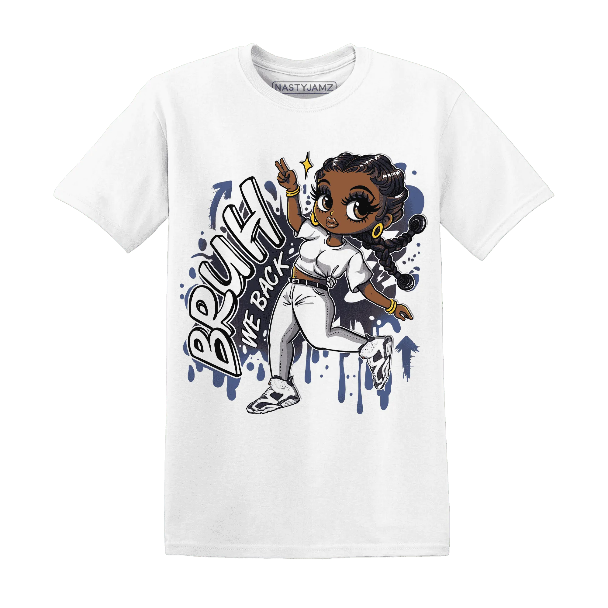 White-Navy-6s-T-Shirt-Match-Bruh-We-Back-Girl