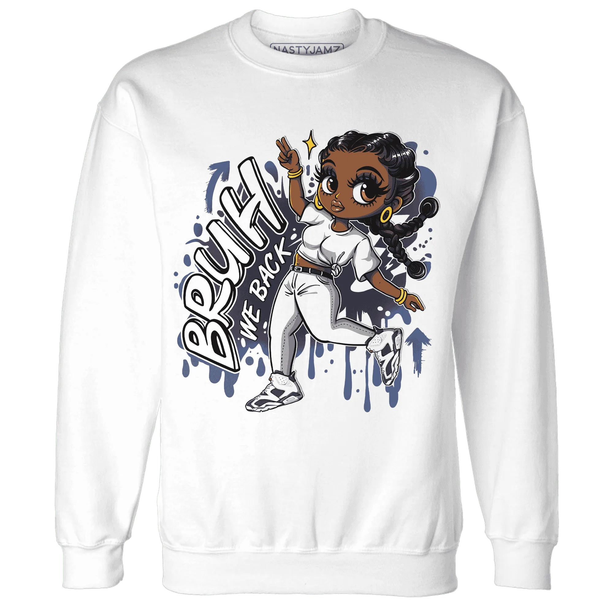 White-Navy-6s-Sweatshirt-Match-Bruh-We-Back-Girl