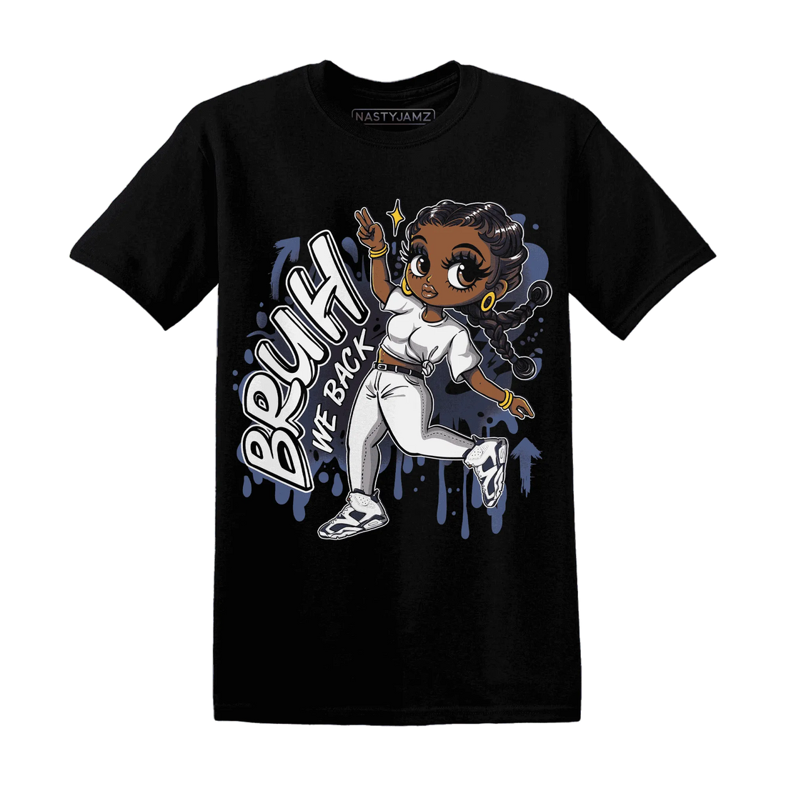 White-Navy-6s-T-Shirt-Match-Bruh-We-Back-Girl