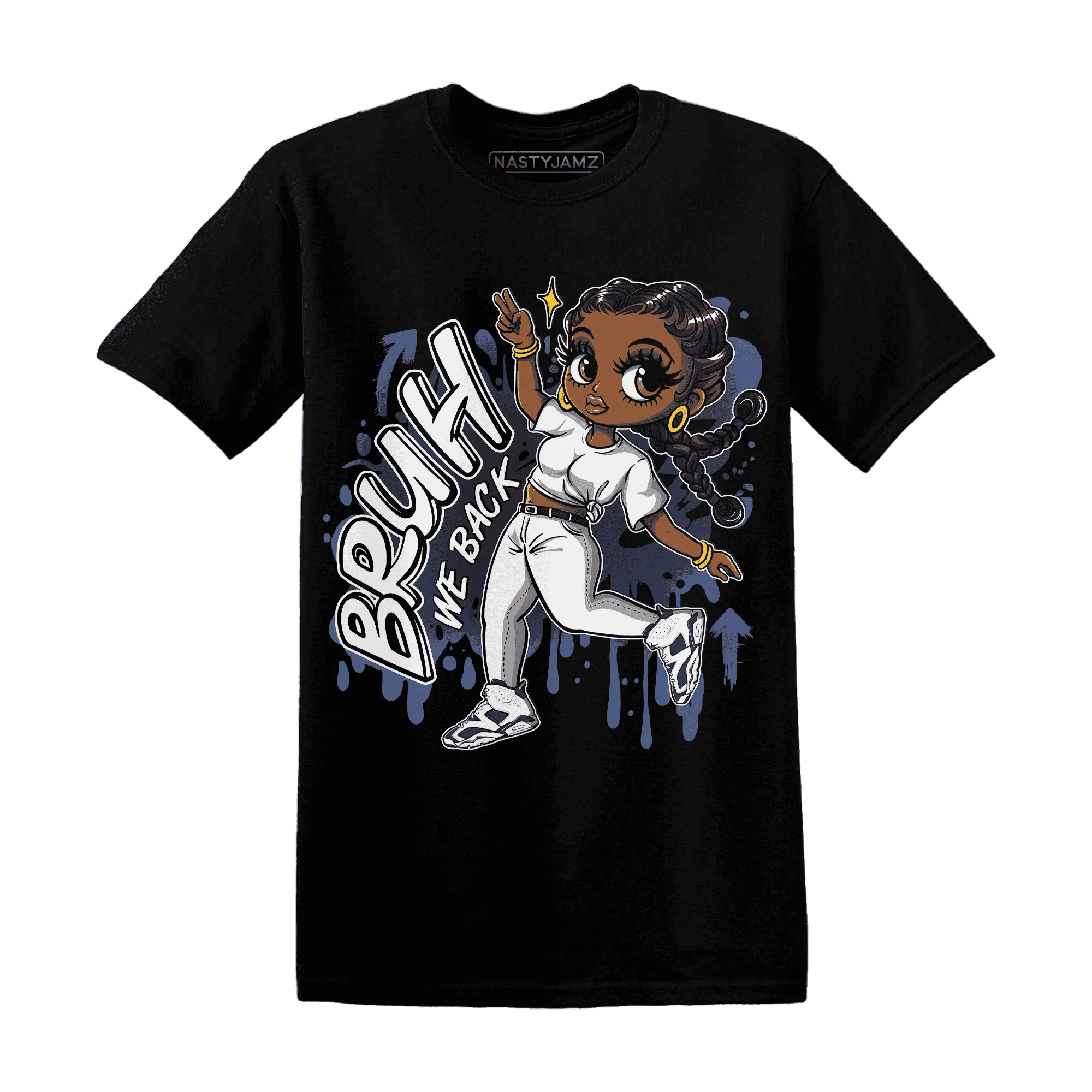White-Navy-6s-T-Shirt-Match-Bruh-We-Back-Girl