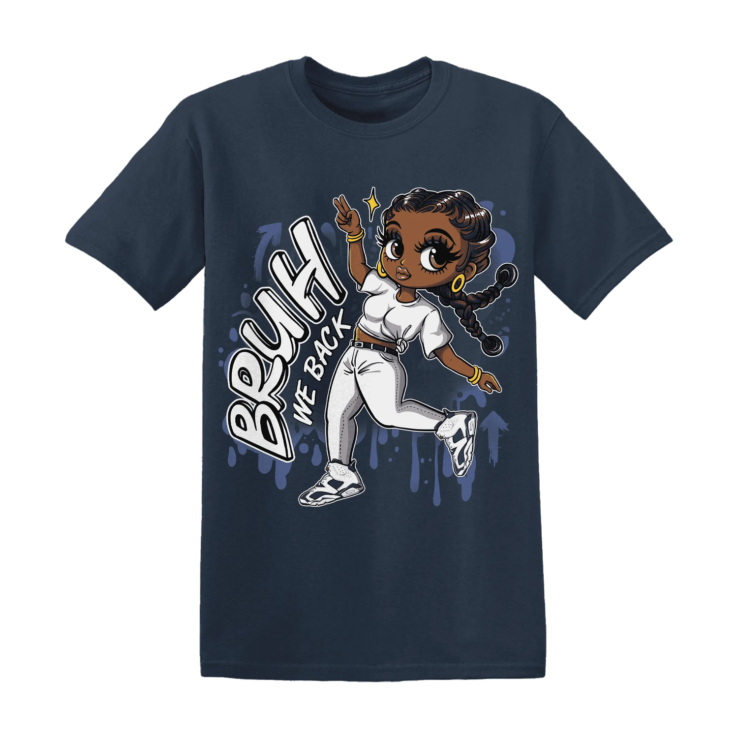 White-Navy-6s-T-Shirt-Match-Bruh-We-Back-Girl