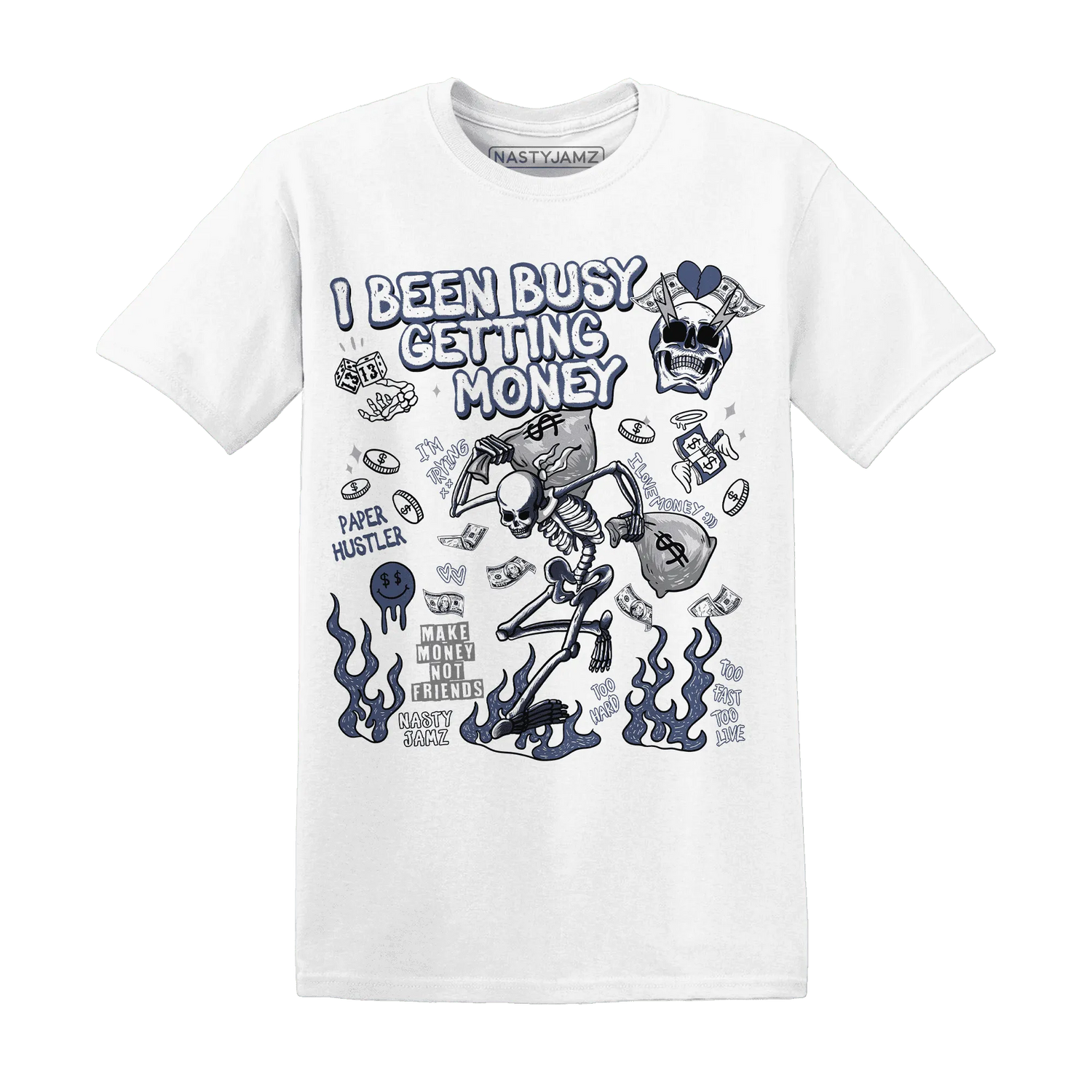 Low-Diffused-Blue-11s-NastyJamz-T-Shirt-Match-Busy-Getting-Money-Skull