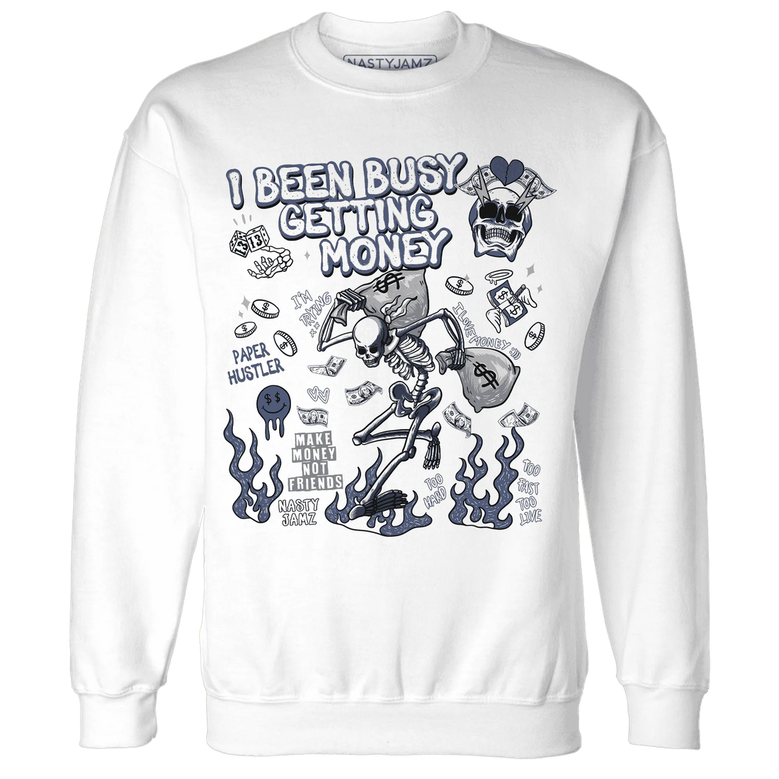 Low-Diffused-Blue-11s-NastyJamz-Sweatshirt-Match-Busy-Getting-Money-Skull
