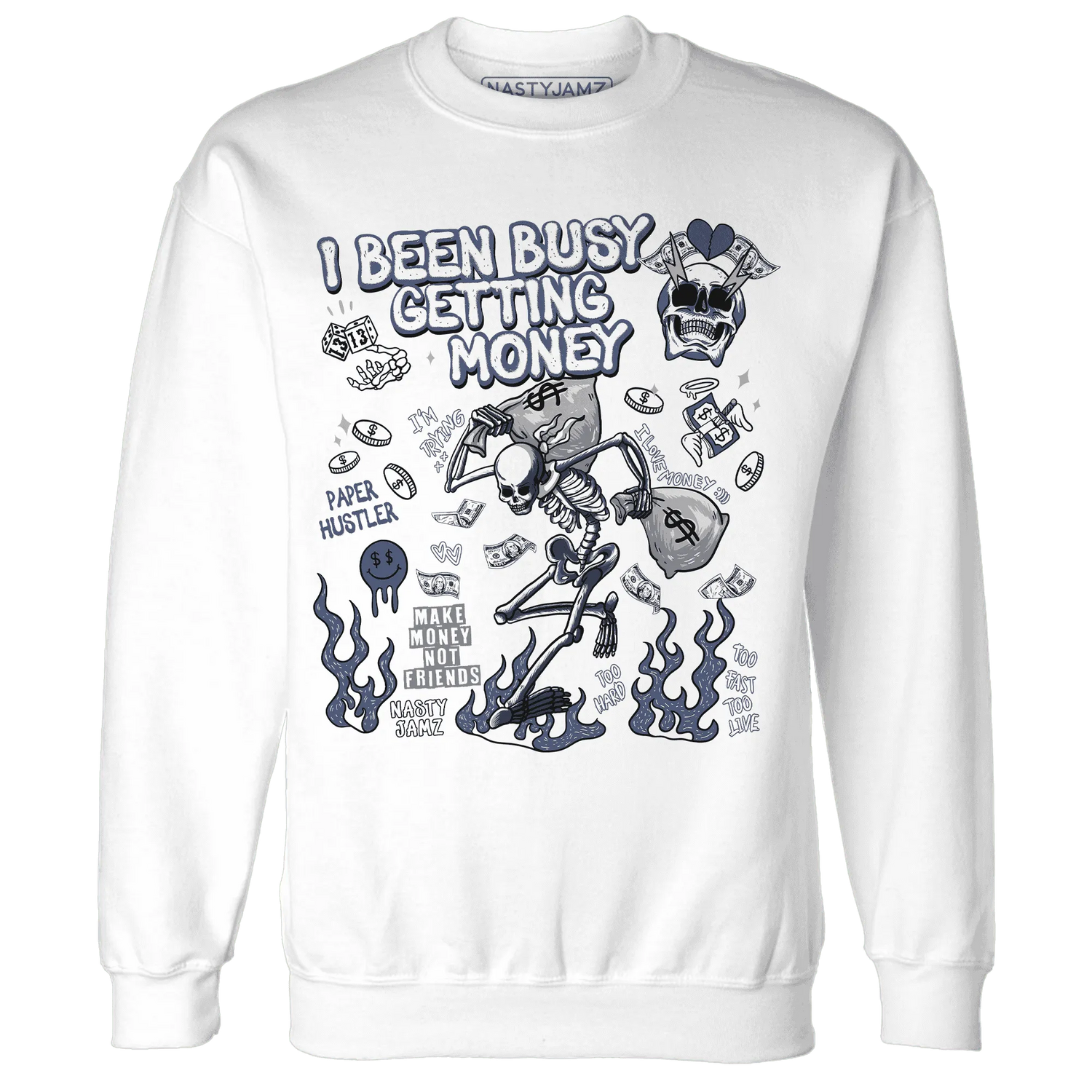 Low-Diffused-Blue-11s-NastyJamz-Sweatshirt-Match-Busy-Getting-Money-Skull