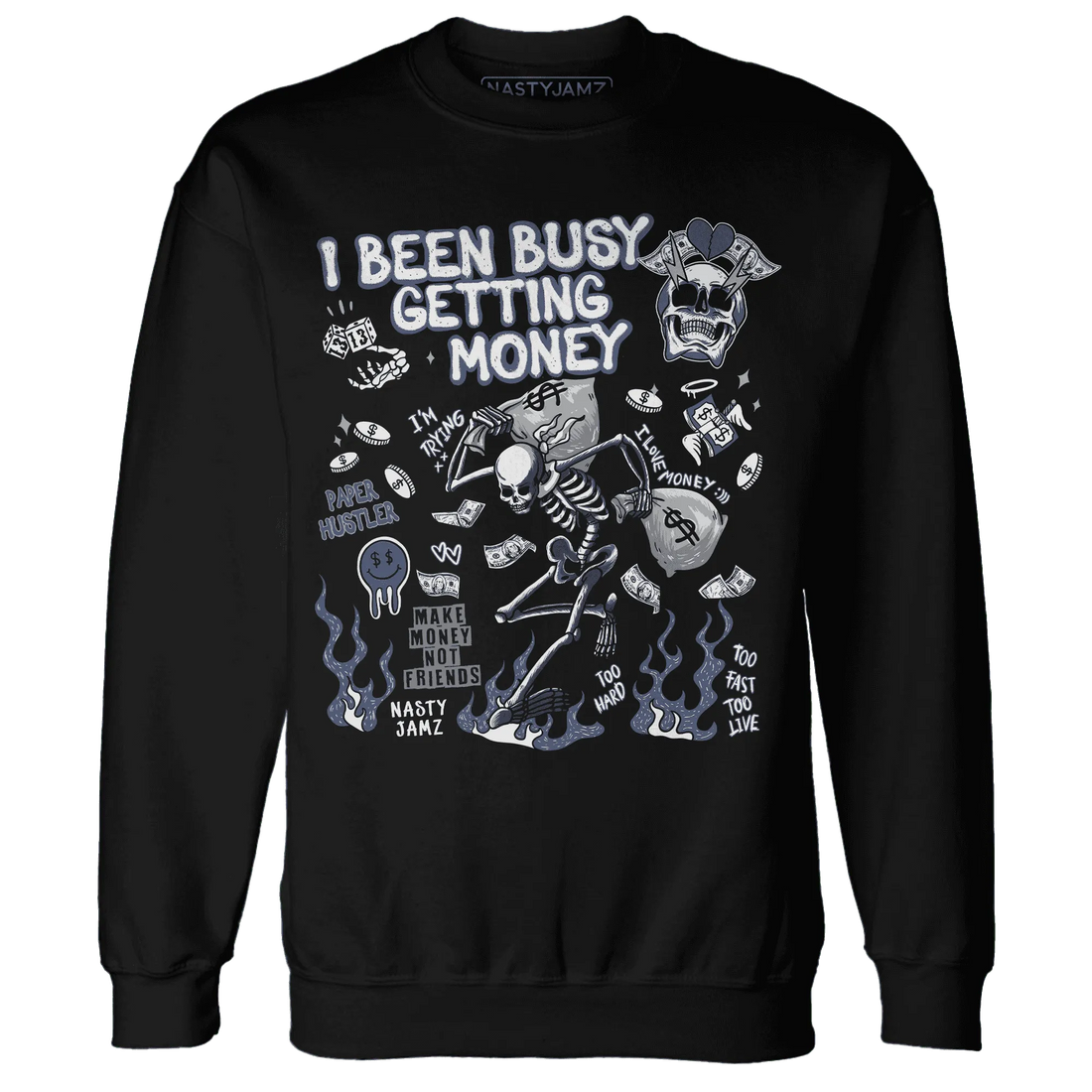Low-Diffused-Blue-11s-NastyJamz-Sweatshirt-Match-Busy-Getting-Money-Skull
