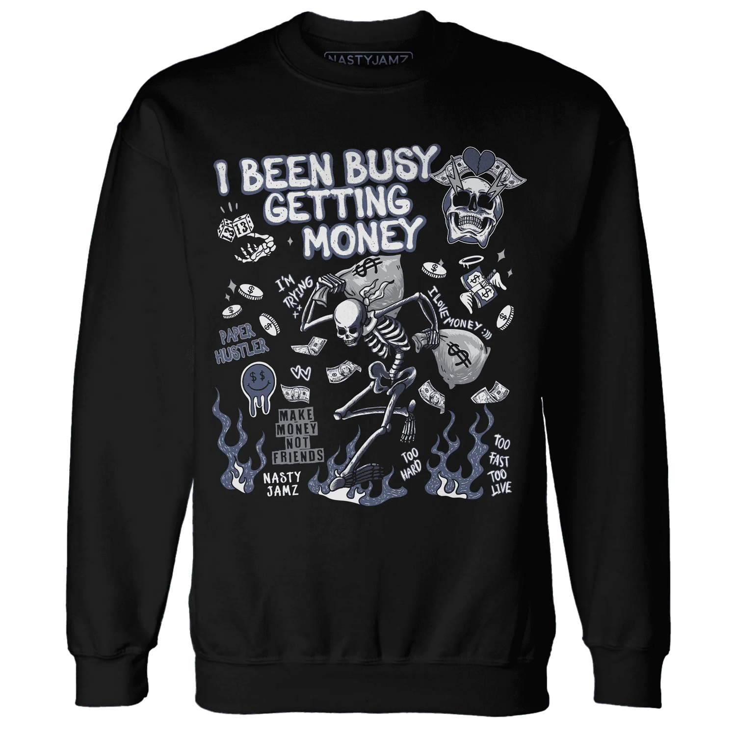 Low-Diffused-Blue-11s-NastyJamz-Sweatshirt-Match-Busy-Getting-Money-Skull