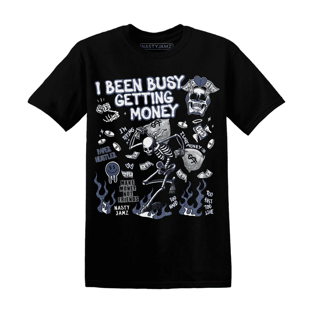 Low-Diffused-Blue-11s-NastyJamz-T-Shirt-Match-Busy-Getting-Money-Skull
