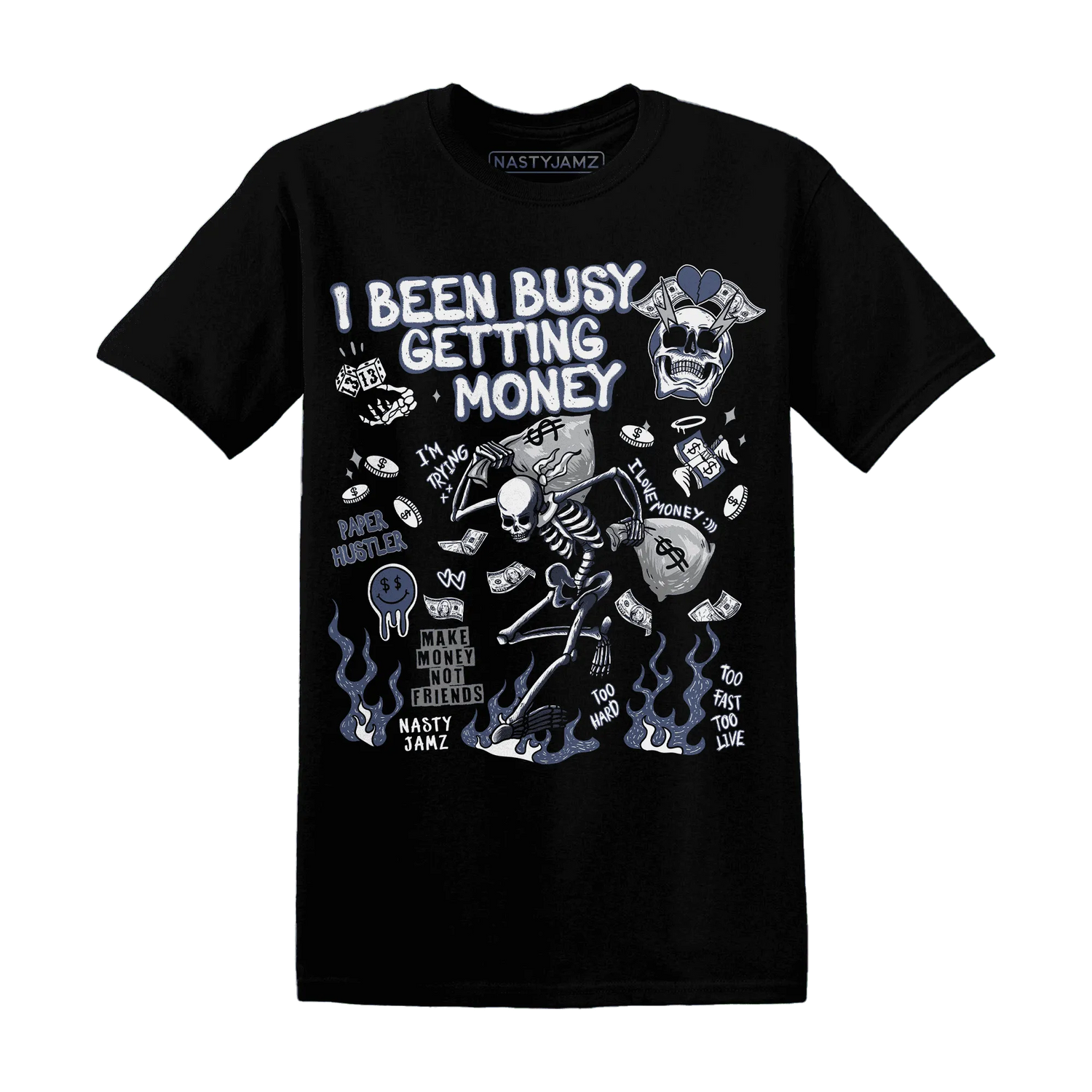 Low-Diffused-Blue-11s-NastyJamz-T-Shirt-Match-Busy-Getting-Money-Skull