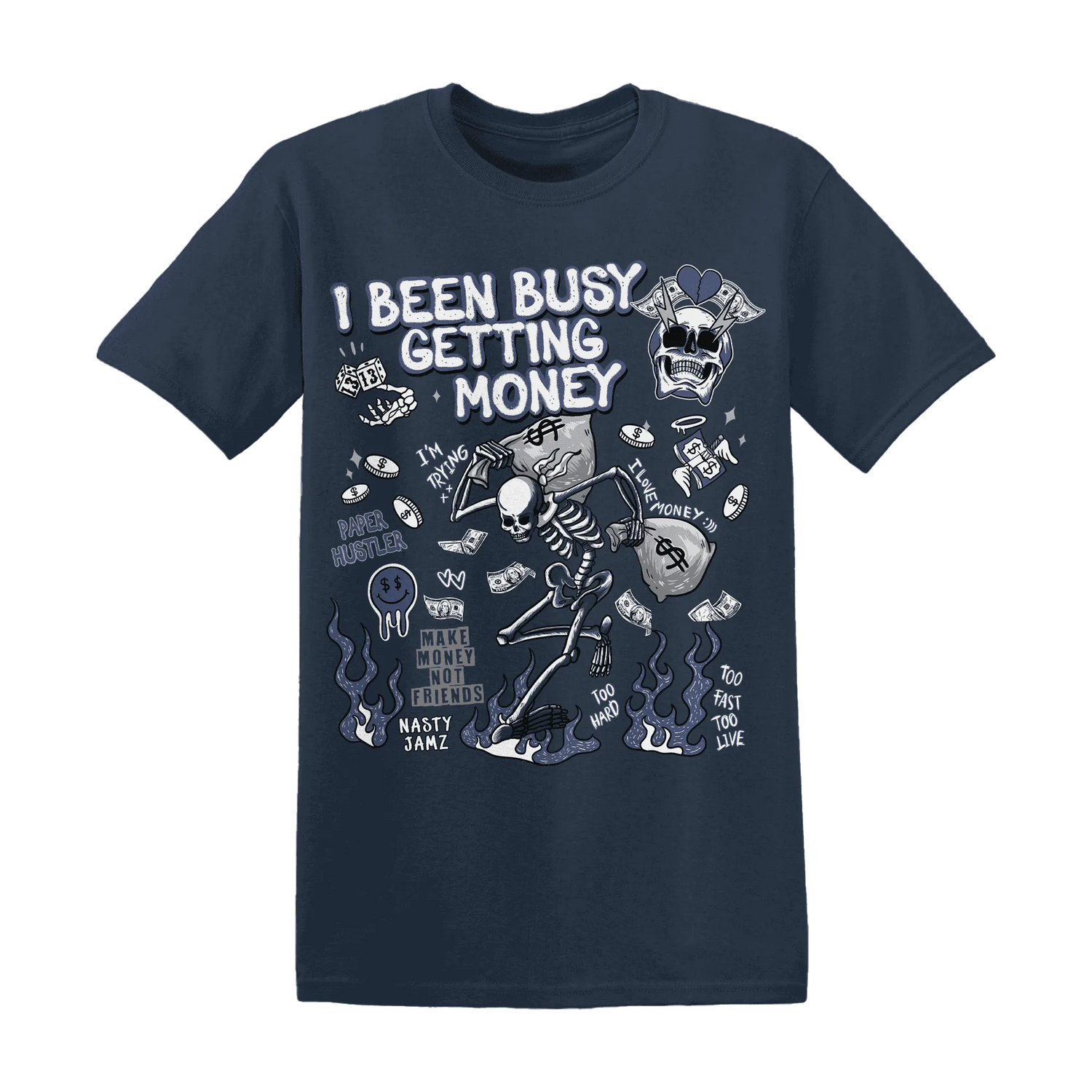 Low-Diffused-Blue-11s-NastyJamz-T-Shirt-Match-Busy-Getting-Money-Skull
