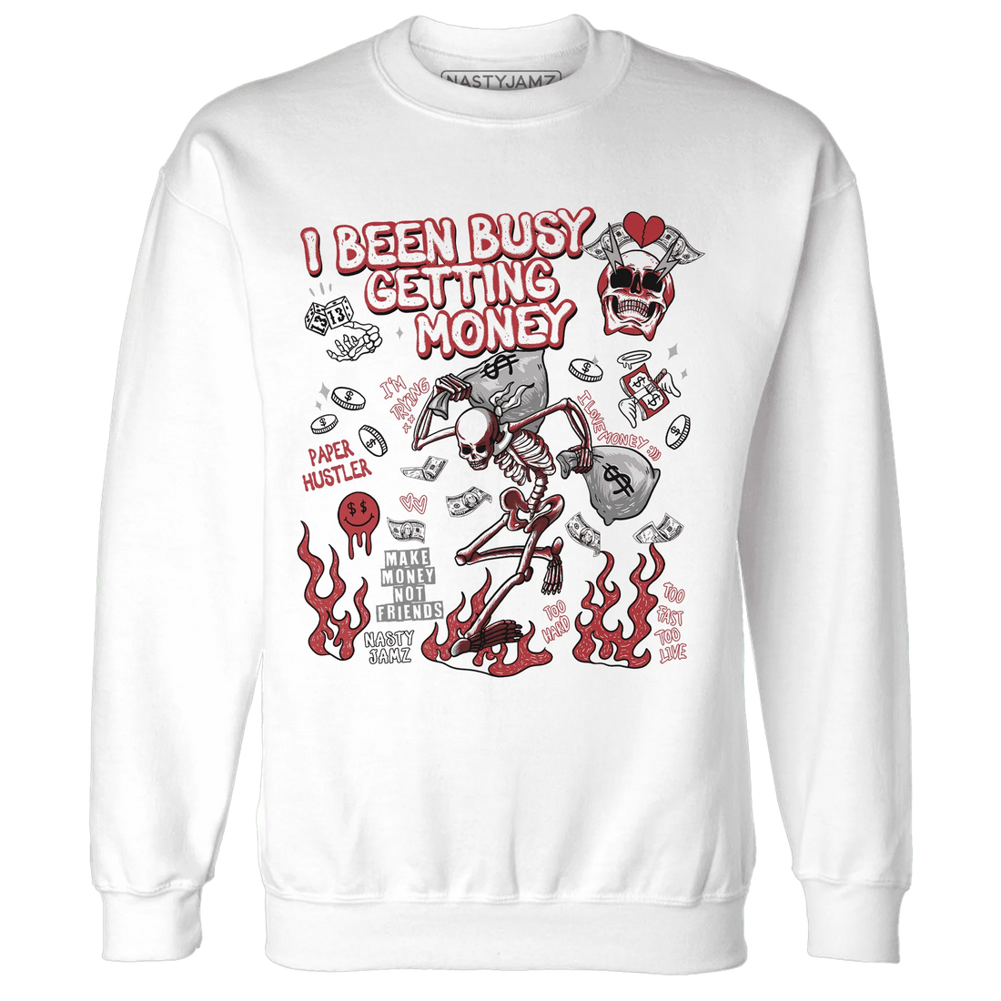 Black-Toe-Reimagined-Red-White-1s-Sweatshirt-Match-Busy-Getting-Money-Skull