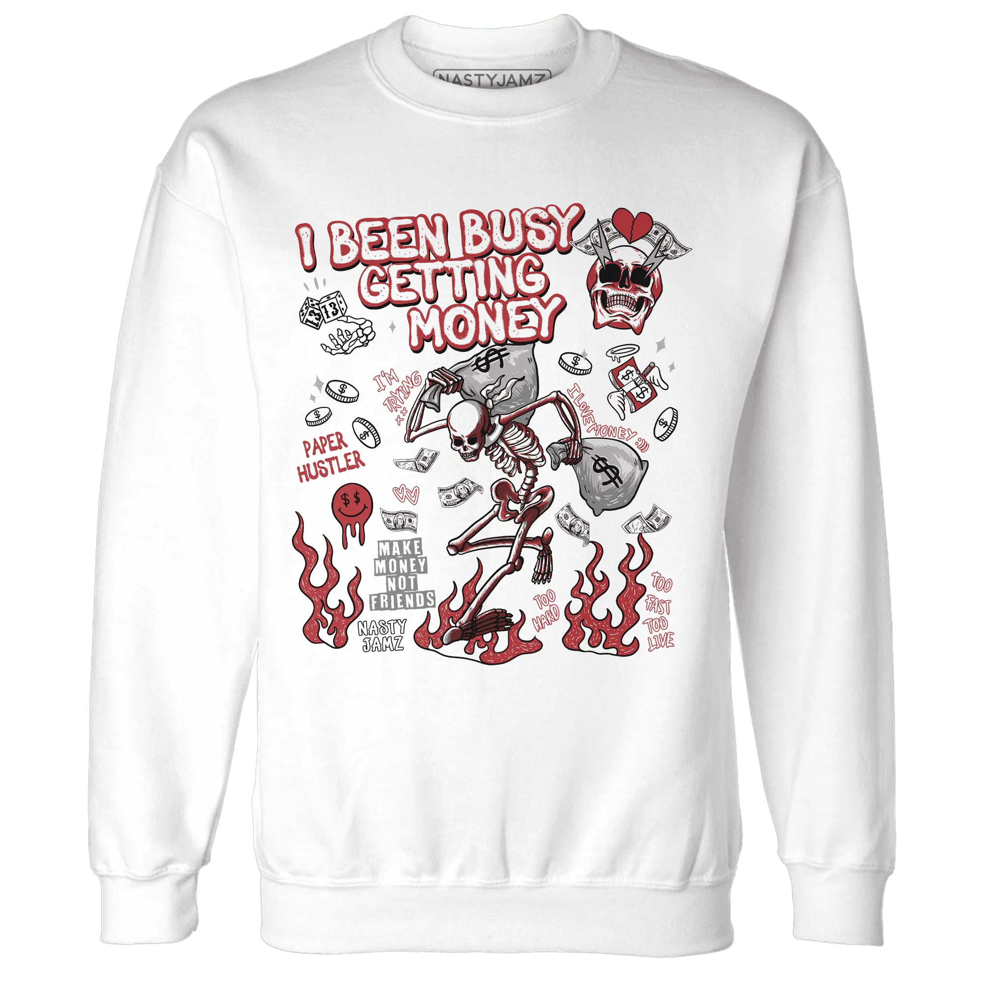 Black-Toe-Reimagined-Red-White-1s-Sweatshirt-Match-Busy-Getting-Money-Skull