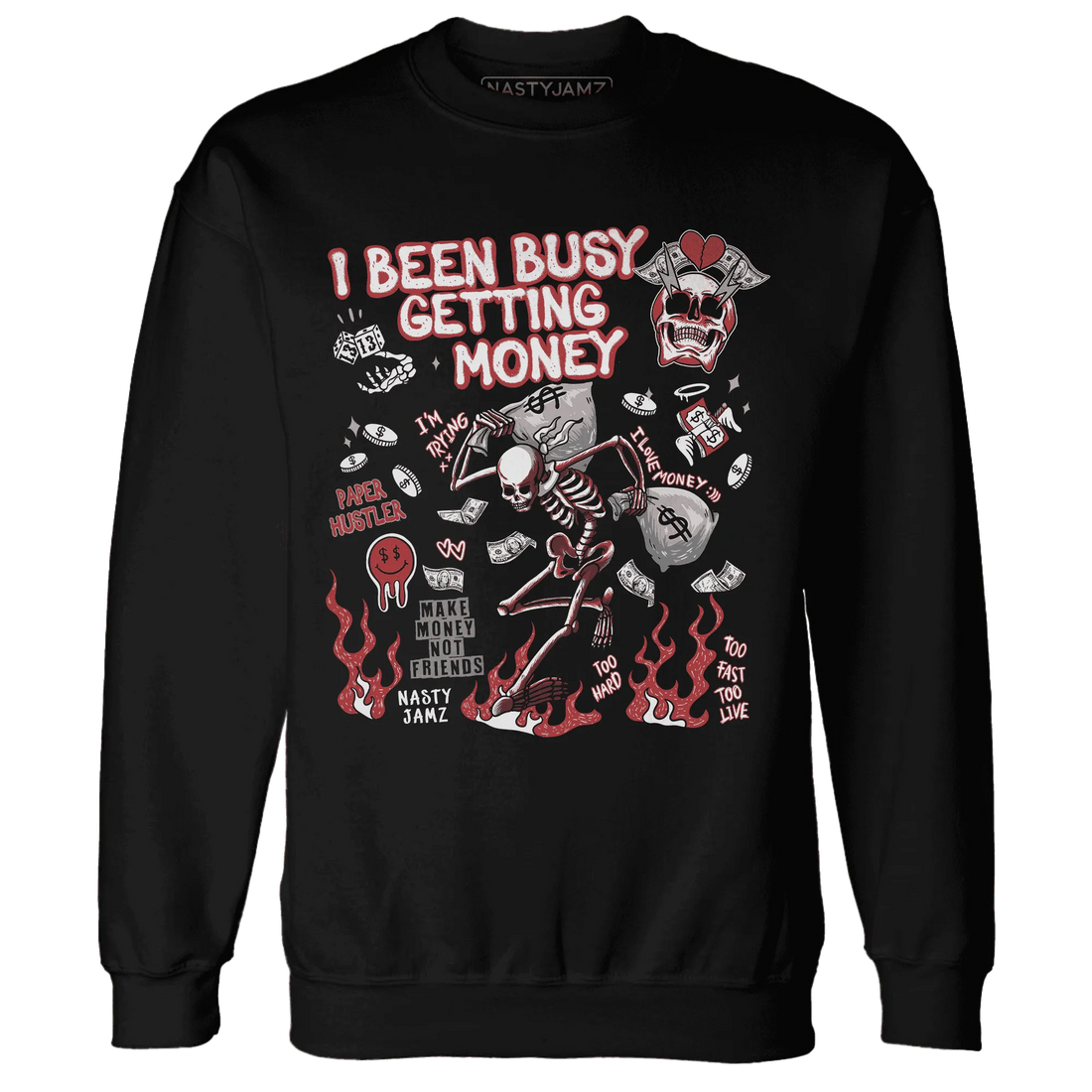 Black-Toe-Reimagined-Red-White-1s-Sweatshirt-Match-Busy-Getting-Money-Skull