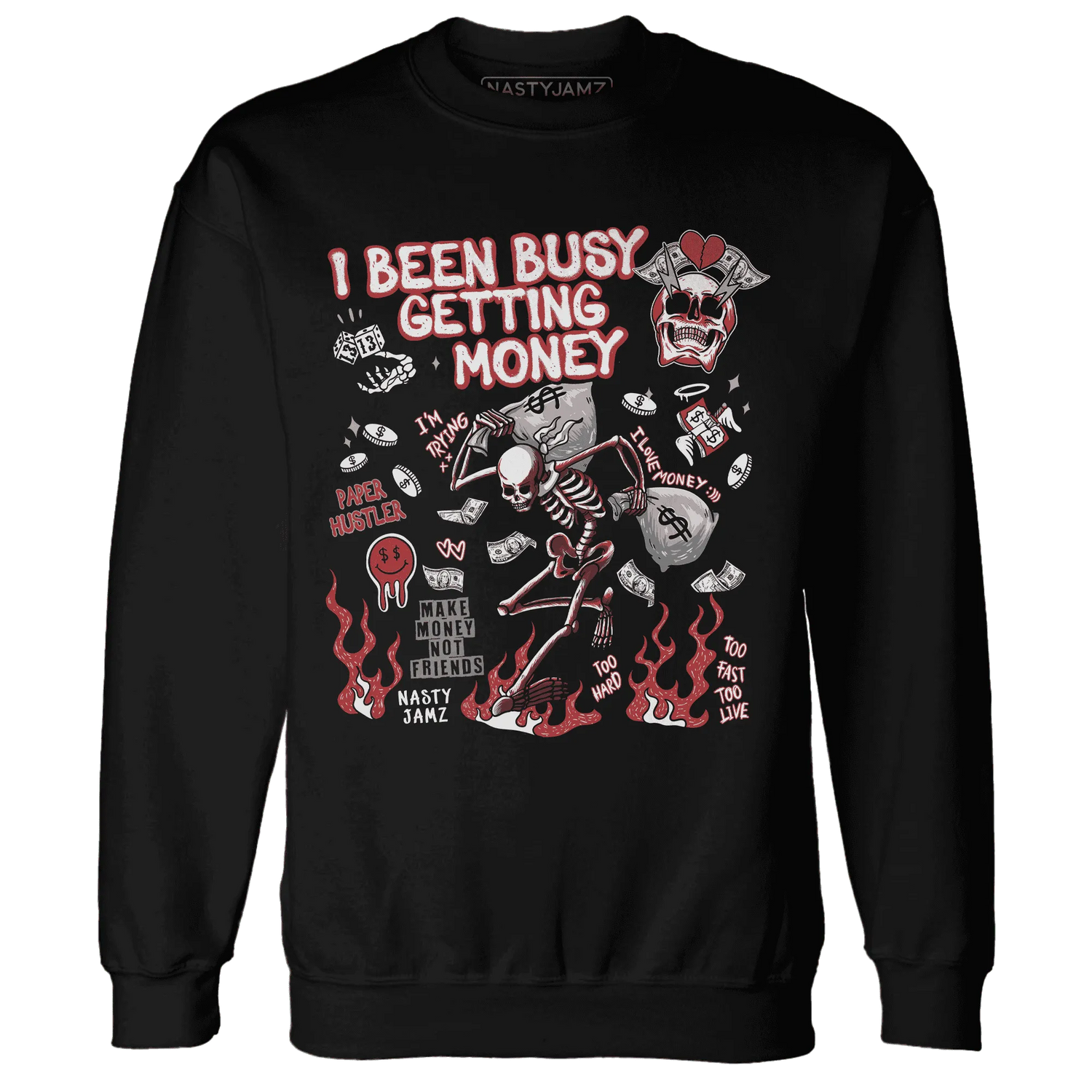 Black-Toe-Reimagined-Red-White-1s-Sweatshirt-Match-Busy-Getting-Money-Skull