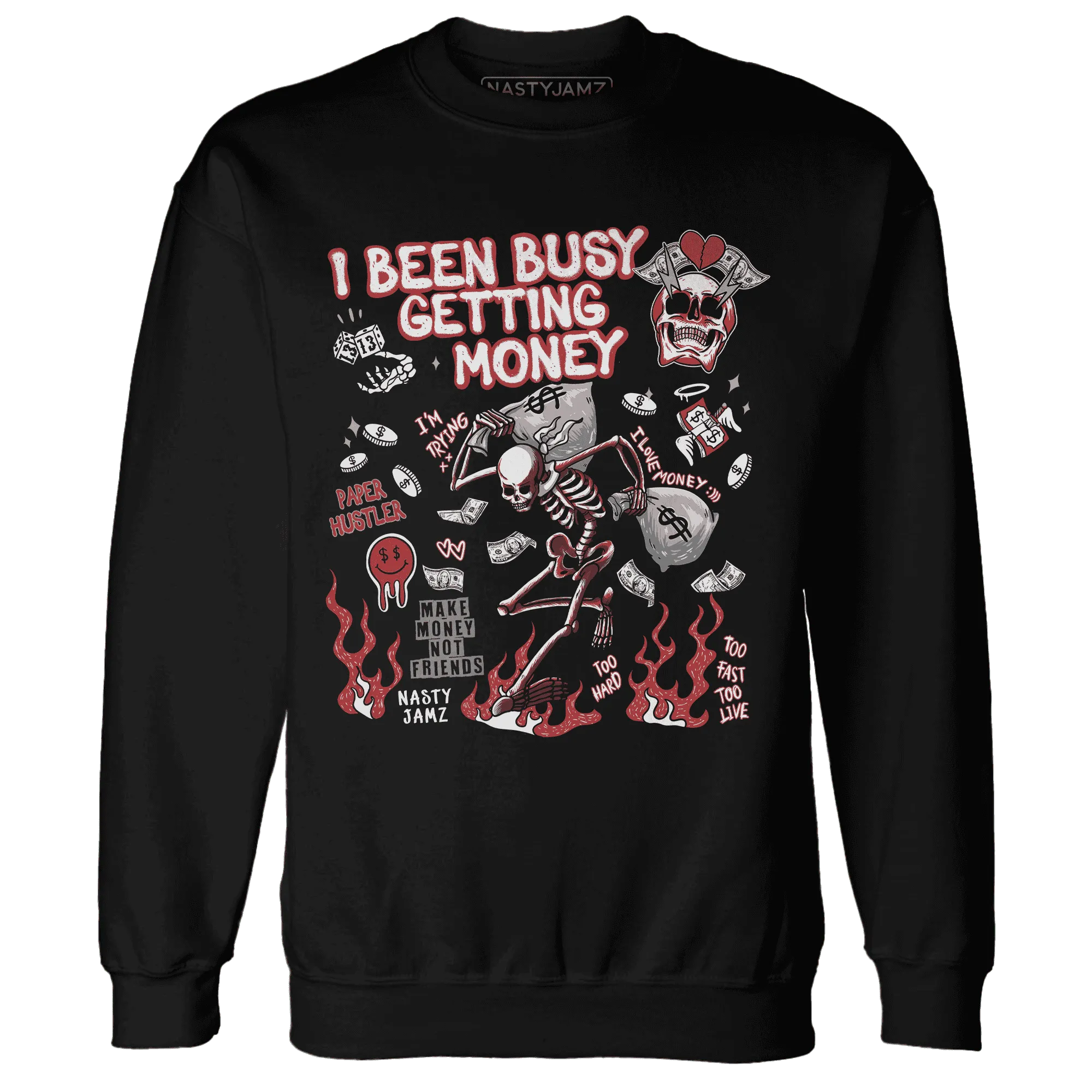 Black-Toe-Reimagined-Red-White-1s-Sweatshirt-Match-Busy-Getting-Money-Skull