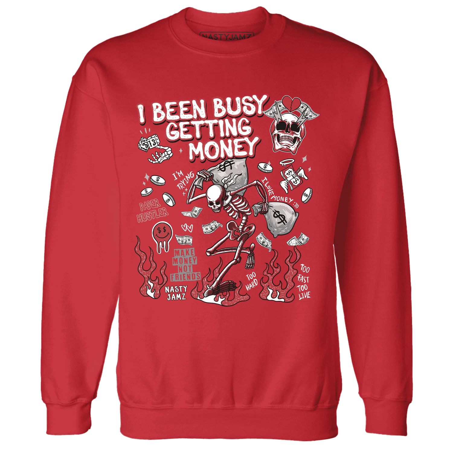 Black-Toe-Reimagined-Red-White-1s-Sweatshirt-Match-Busy-Getting-Money-Skull