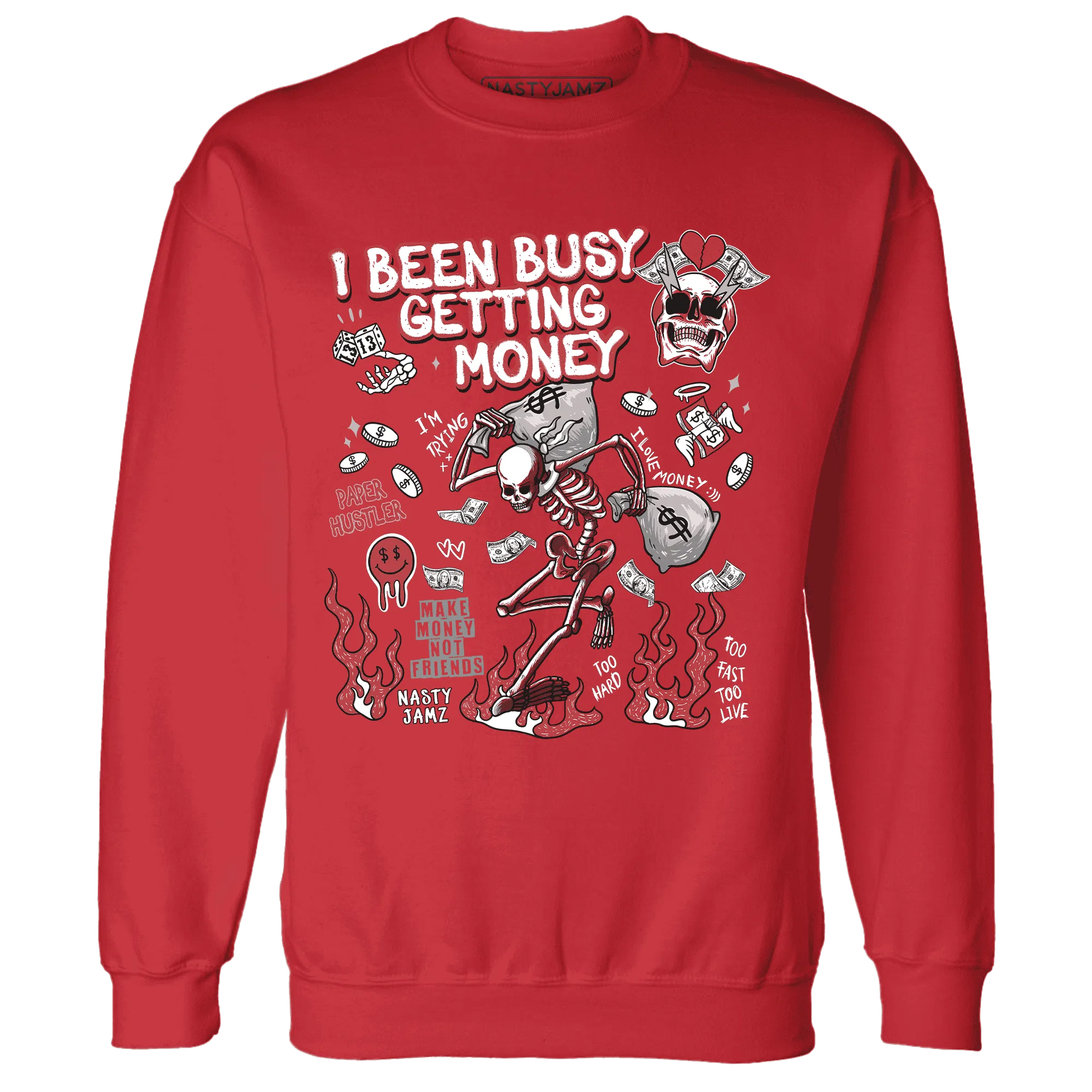 Black-Toe-Reimagined-Red-White-1s-Sweatshirt-Match-Busy-Getting-Money-Skull