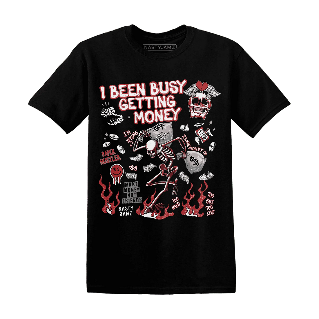 Black-Toe-Reimagined-Red-White-1s-T-Shirt-Match-Busy-Getting-Money-Skull
