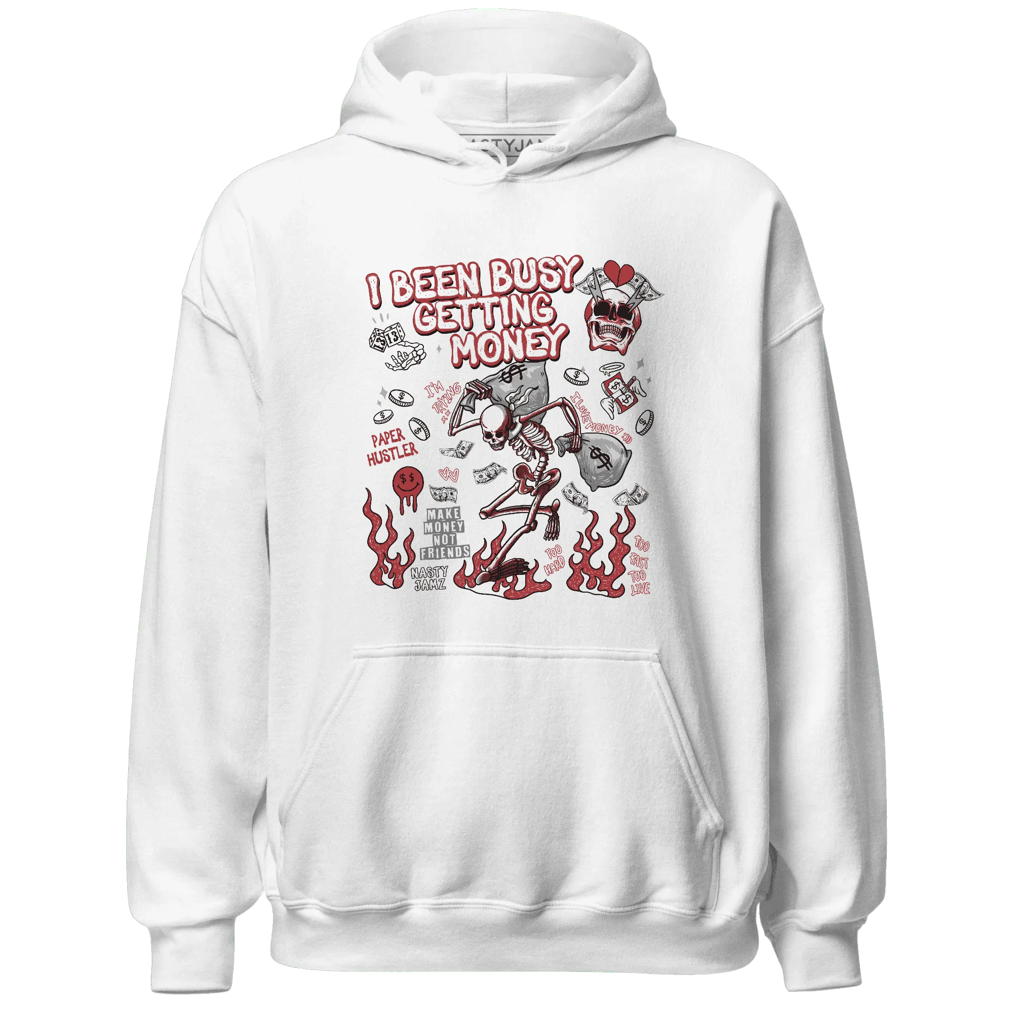 Black-Toe-Reimagined-Red-White-1s-Hoodie-Match-Busy-Getting-Money-Skull