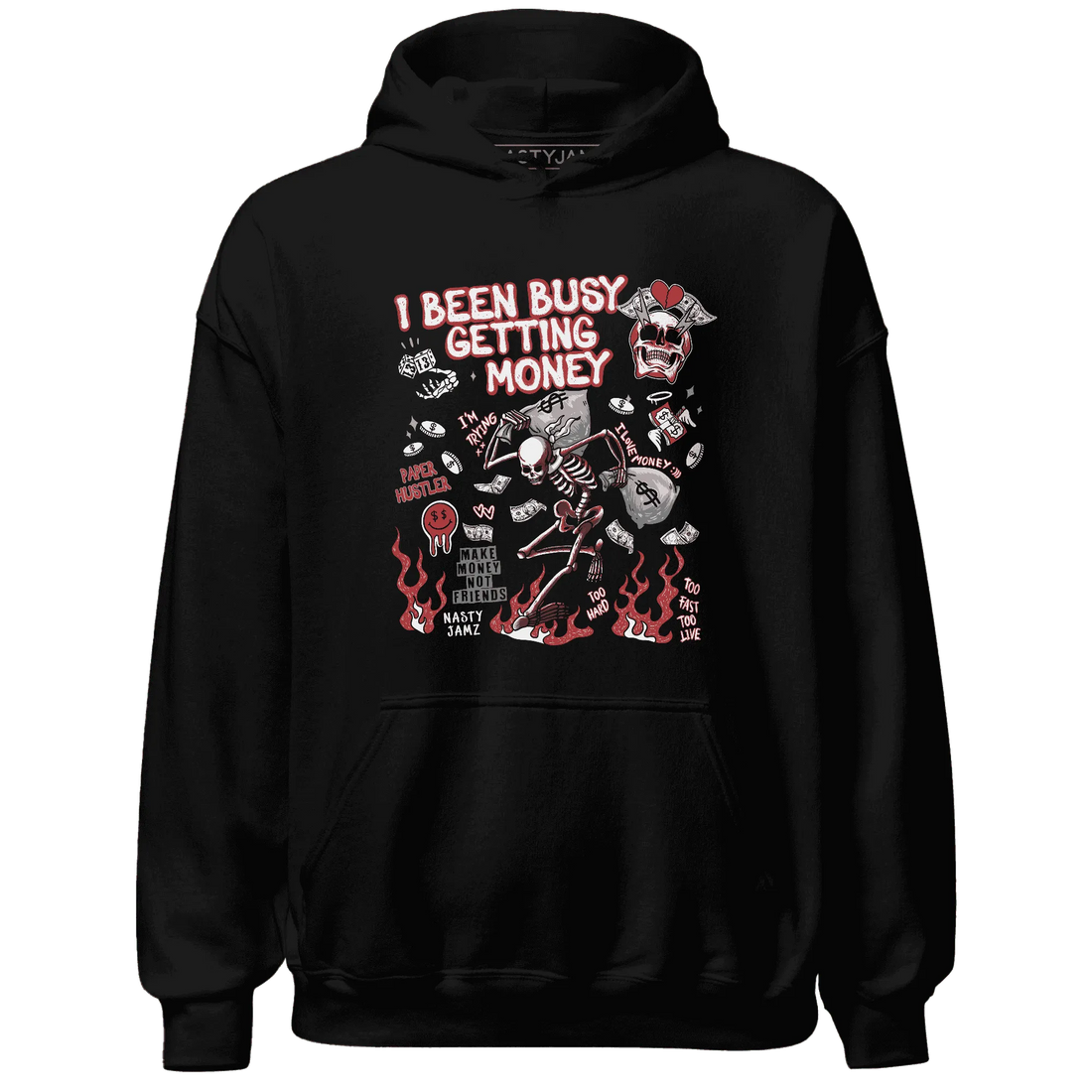 Black-Toe-Reimagined-Red-White-1s-Hoodie-Match-Busy-Getting-Money-Skull