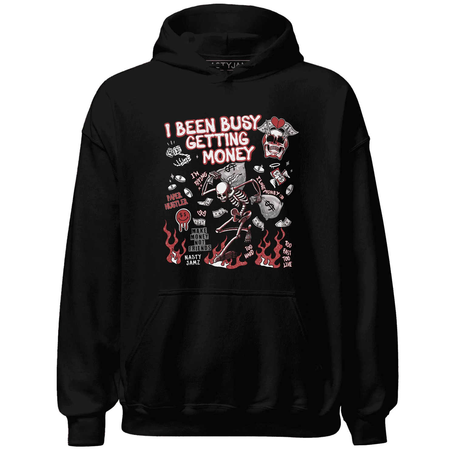 Black-Toe-Reimagined-Red-White-1s-Hoodie-Match-Busy-Getting-Money-Skull