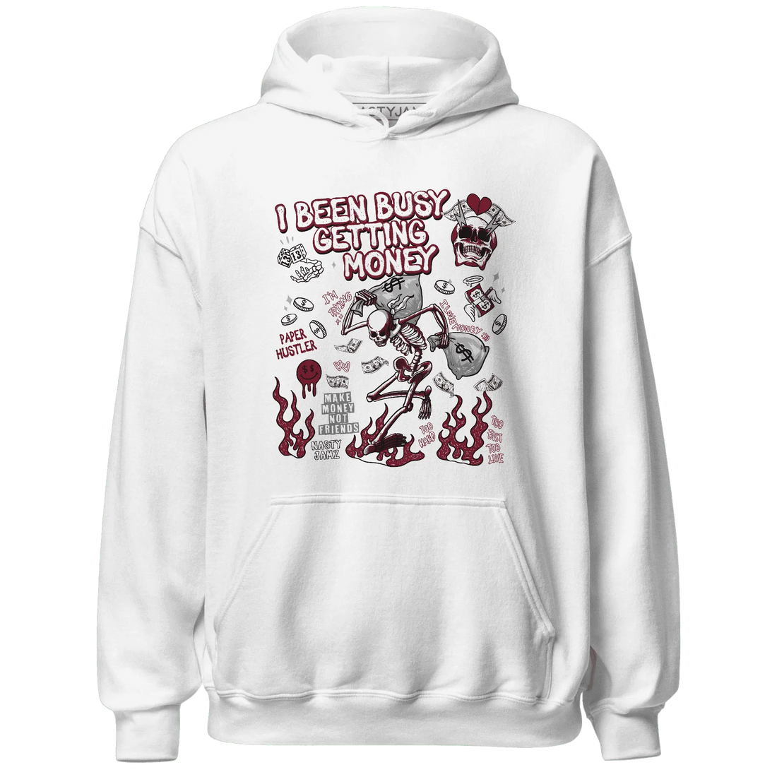High-White-Team-Red-1s-NastyJamz-Hoodie-Match-Busy-Getting-Money-Skull