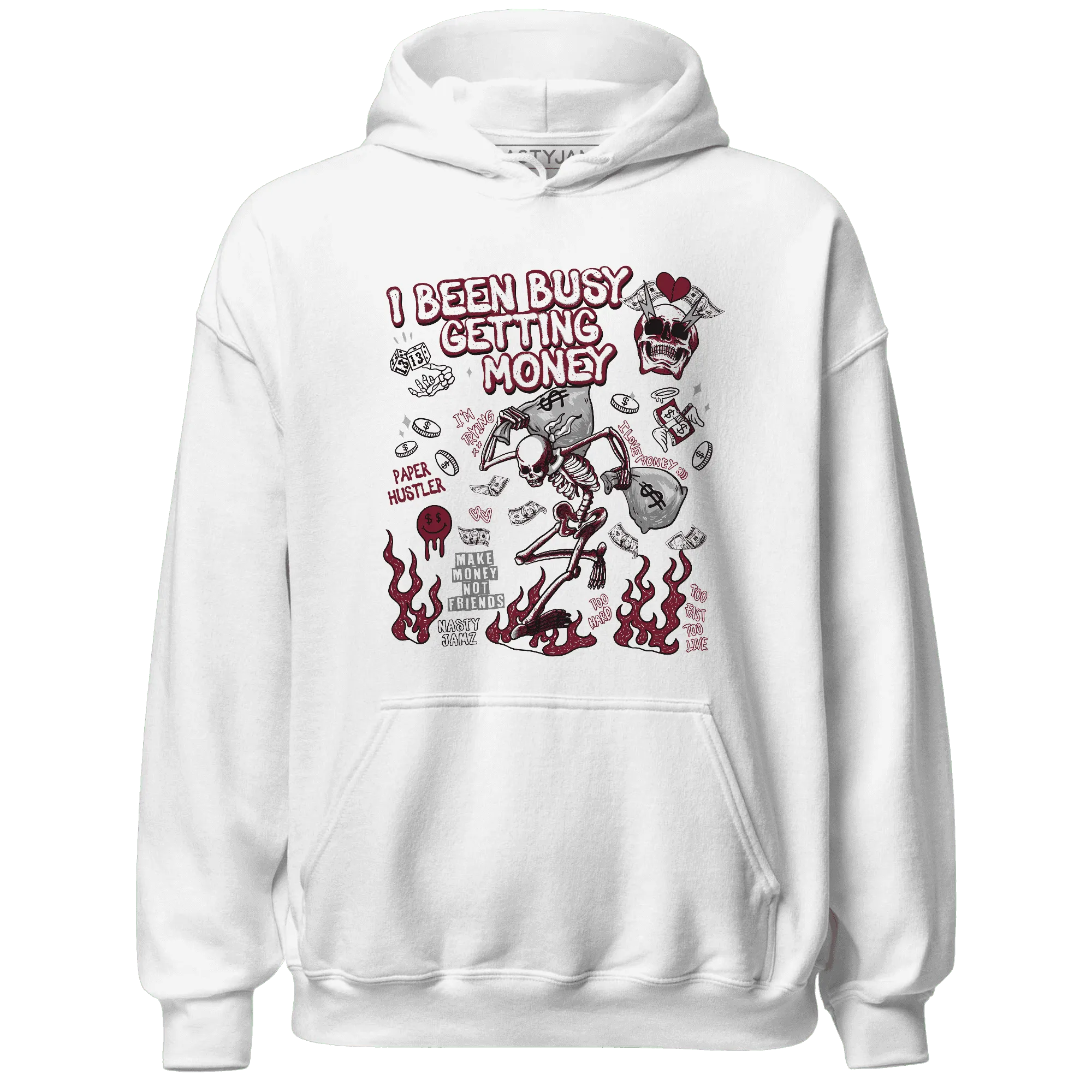 High-White-Team-Red-1s-NastyJamz-Hoodie-Match-Busy-Getting-Money-Skull
