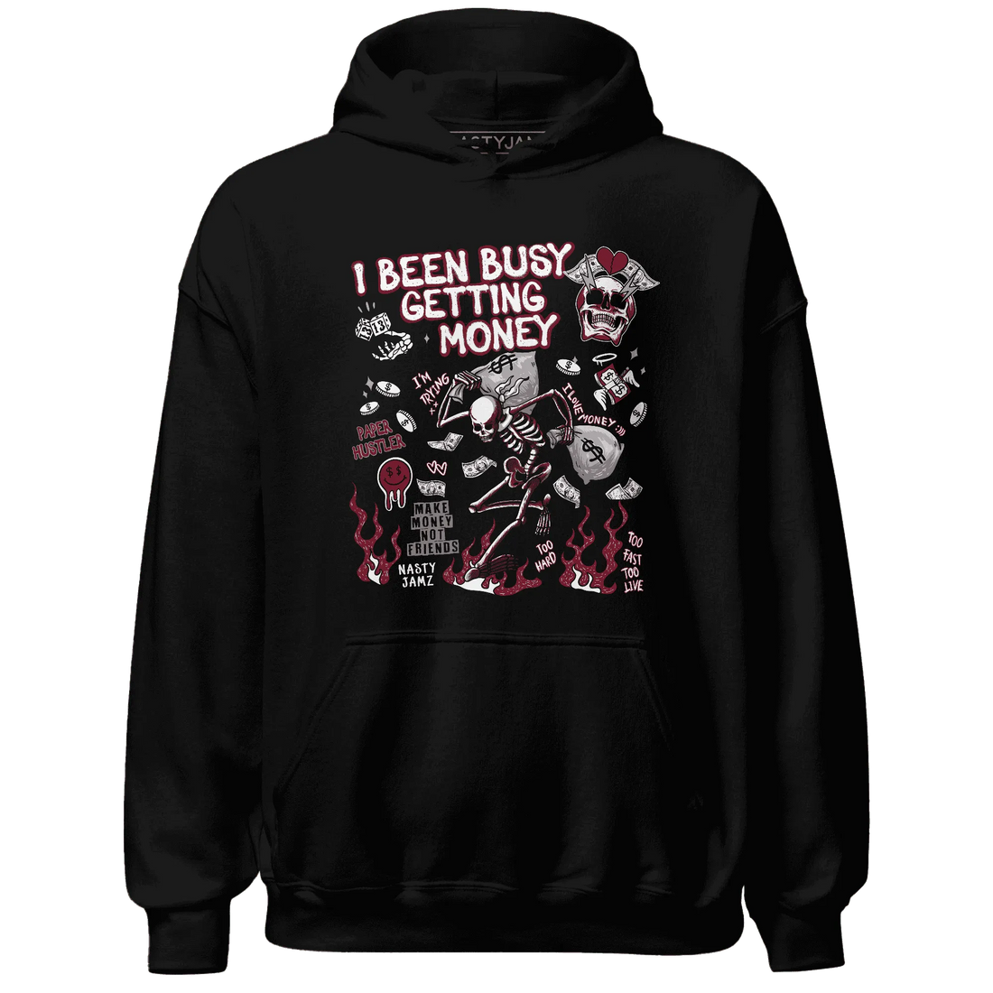 High-White-Team-Red-1s-NastyJamz-Hoodie-Match-Busy-Getting-Money-Skull