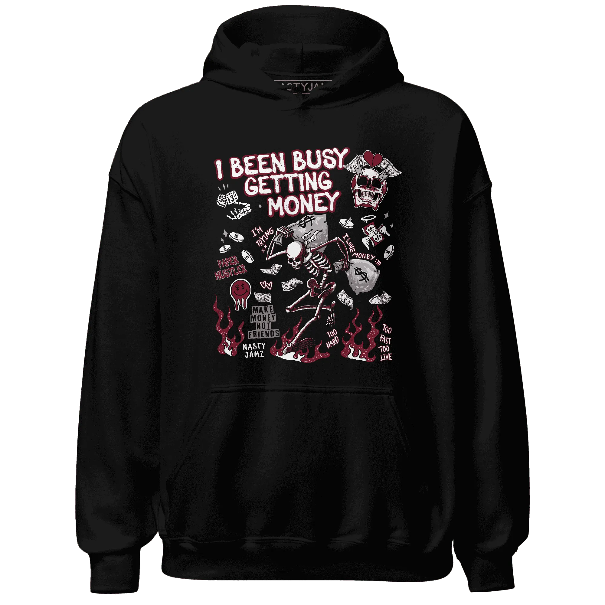 High-White-Team-Red-1s-NastyJamz-Hoodie-Match-Busy-Getting-Money-Skull