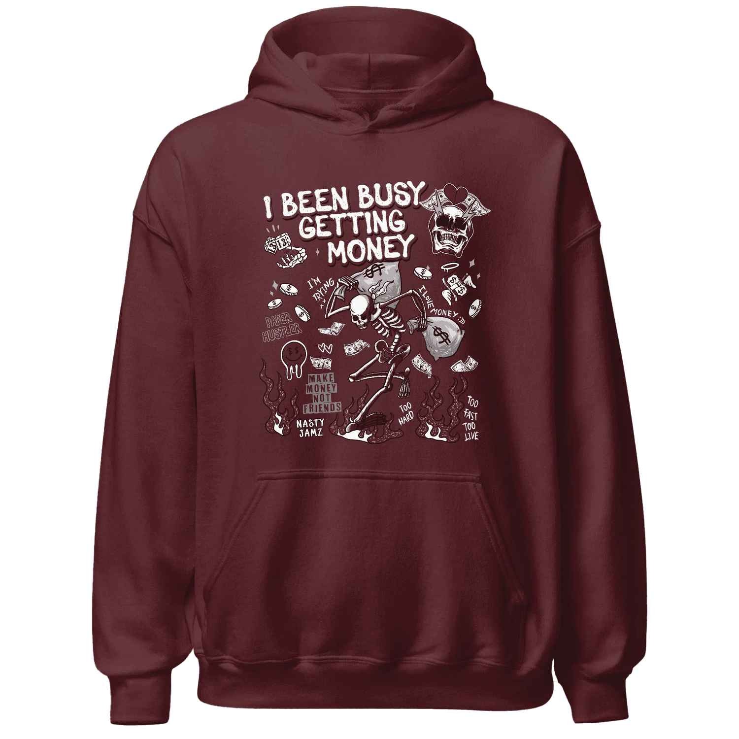 High-White-Team-Red-1s-NastyJamz-Hoodie-Match-Busy-Getting-Money-Skull