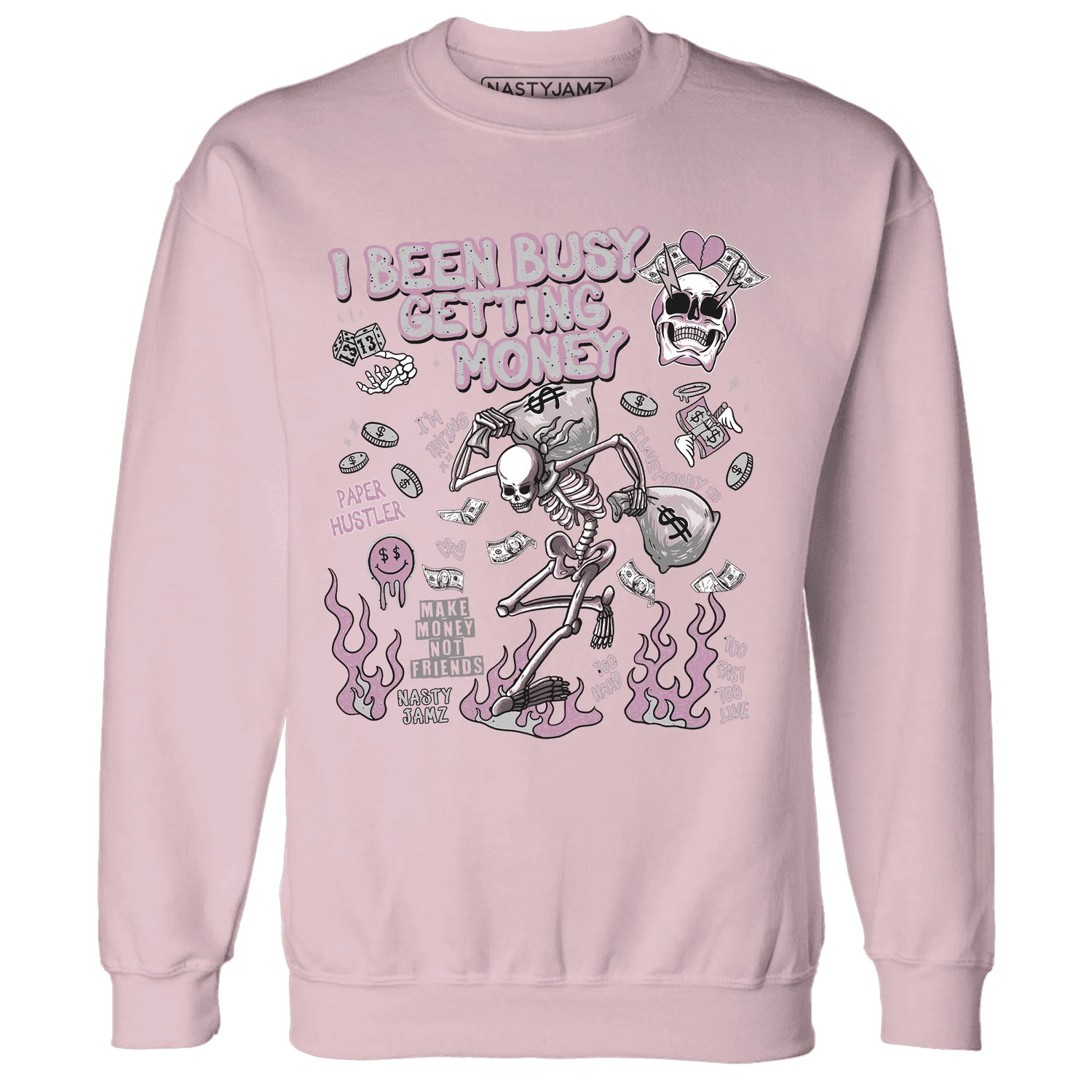 Orchid-Neutral-Grey-Black-White-4s-NastyJamz-Sweatshirt-Match-Busy-Getting-Money-Skull