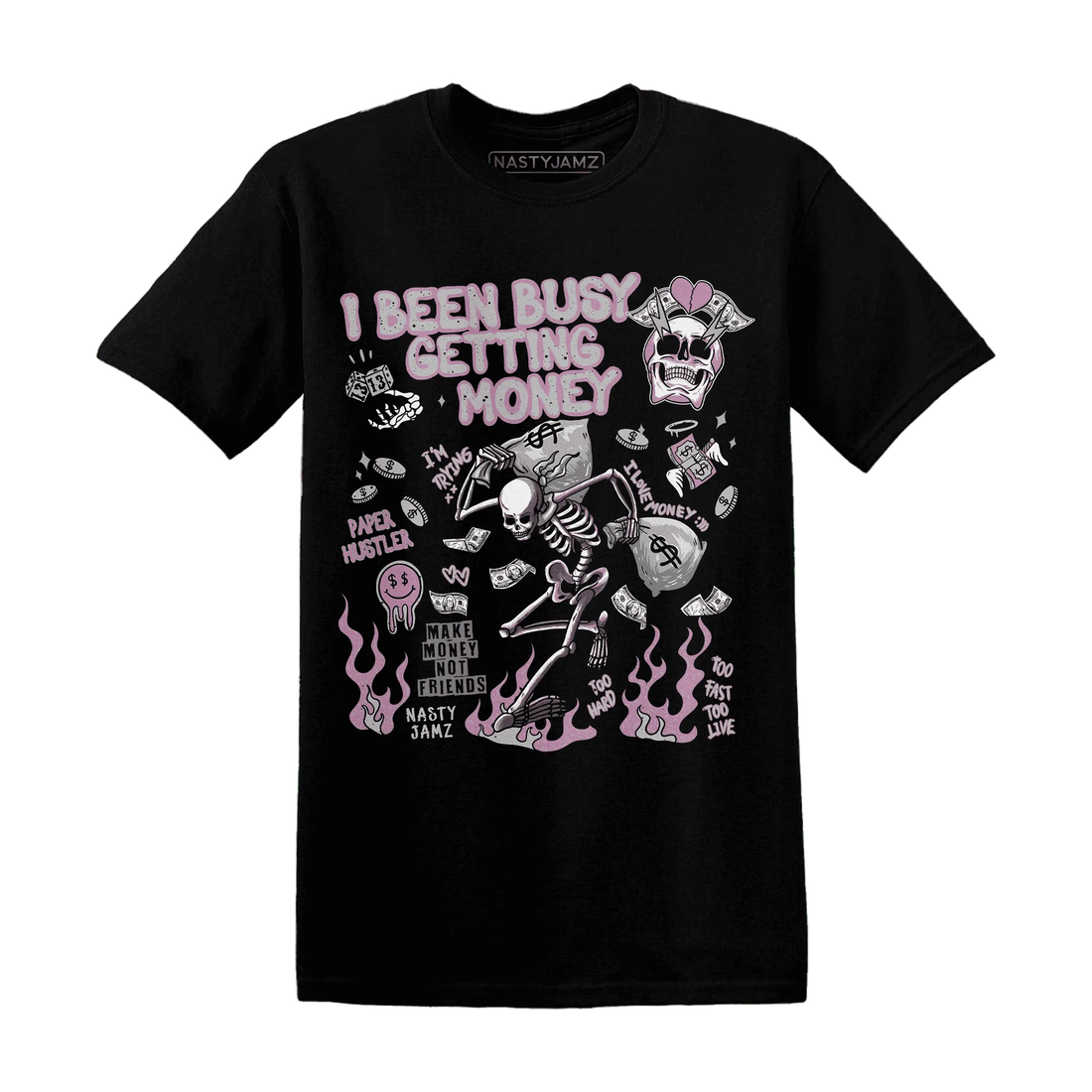 Orchid-Neutral-Grey-Black-White-4s-NastyJamz-T-Shirt-Match-Busy-Getting-Money-Skull