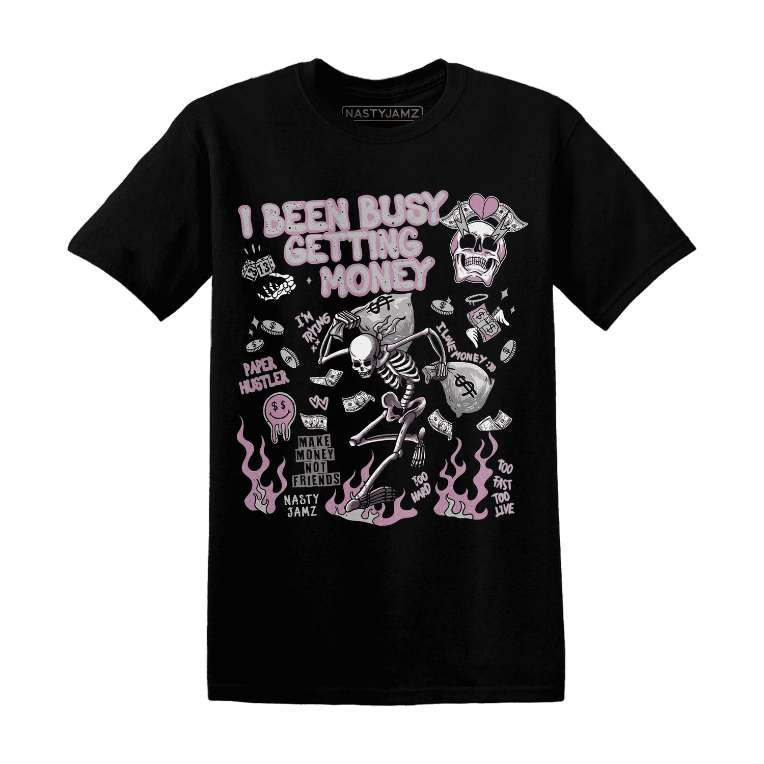 Orchid-Neutral-Grey-Black-White-4s-NastyJamz-T-Shirt-Match-Busy-Getting-Money-Skull