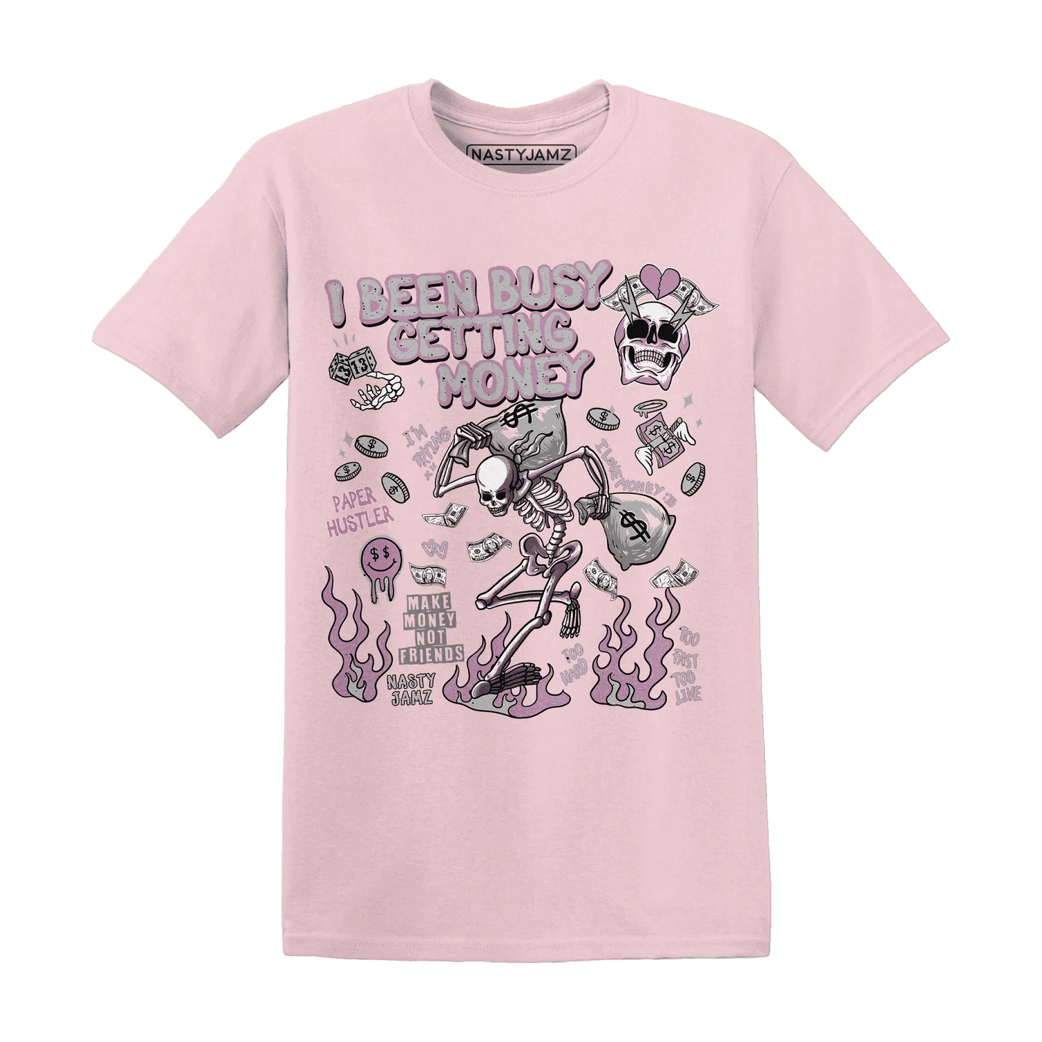 Orchid-Neutral-Grey-Black-White-4s-NastyJamz-T-Shirt-Match-Busy-Getting-Money-Skull