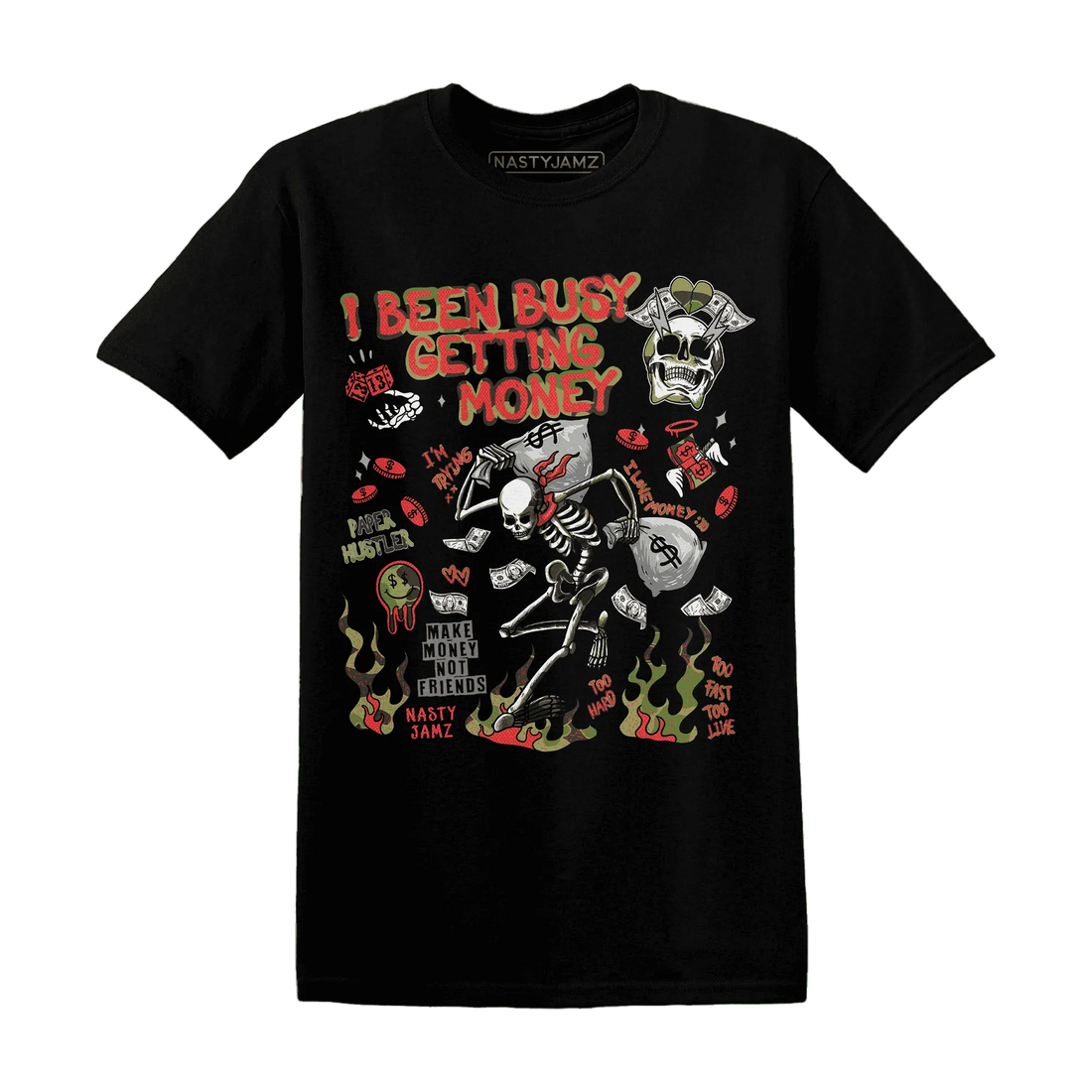 AM-90-Dark-Sage-Solar-Red-NastyJamz-T-Shirt-Match-Busy-Getting-Money-Skull