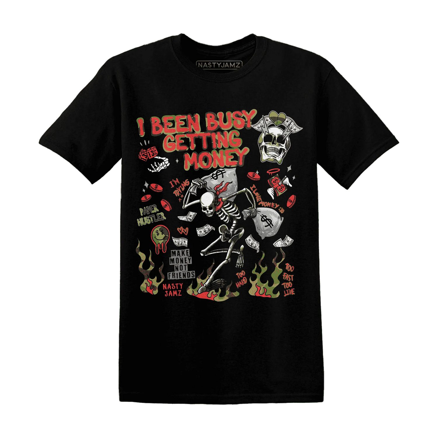 AM-90-Dark-Sage-Solar-Red-NastyJamz-T-Shirt-Match-Busy-Getting-Money-Skull
