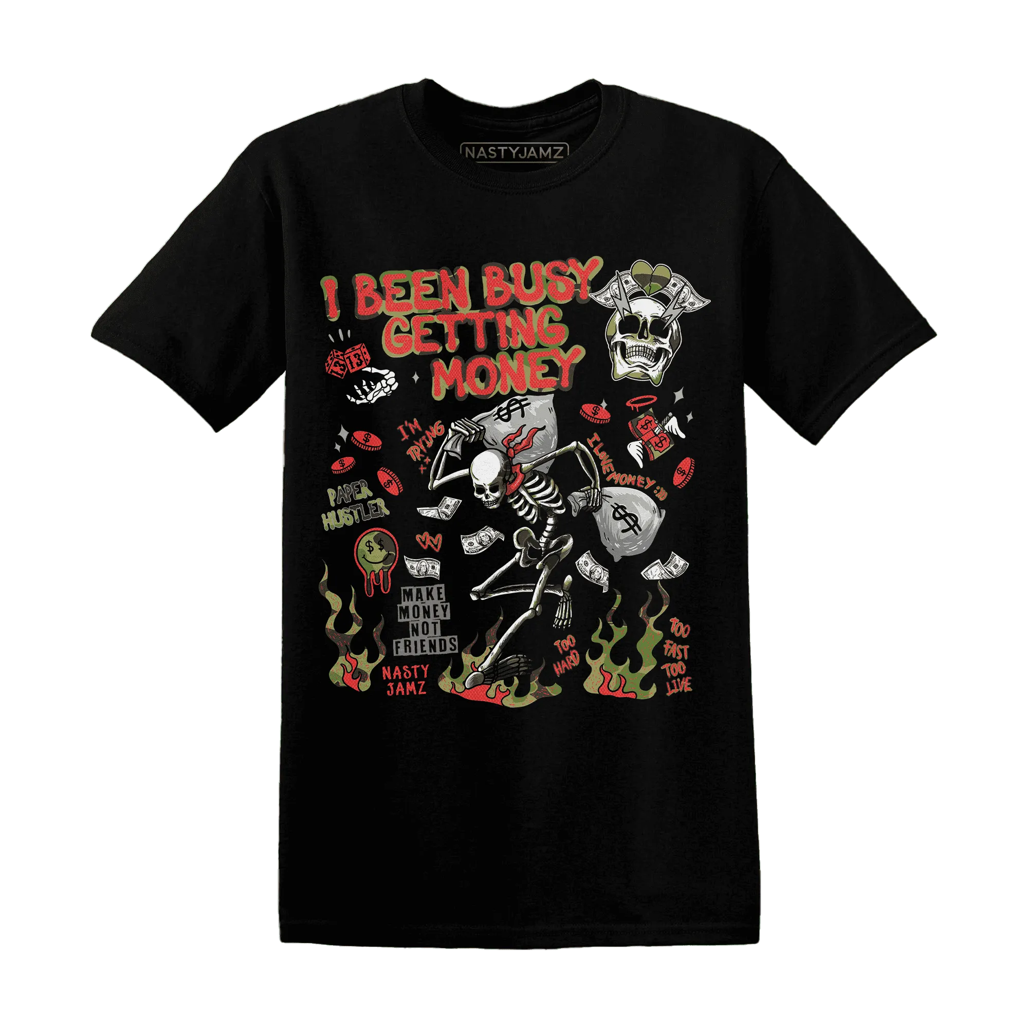AM-90-Dark-Sage-Solar-Red-NastyJamz-T-Shirt-Match-Busy-Getting-Money-Skull