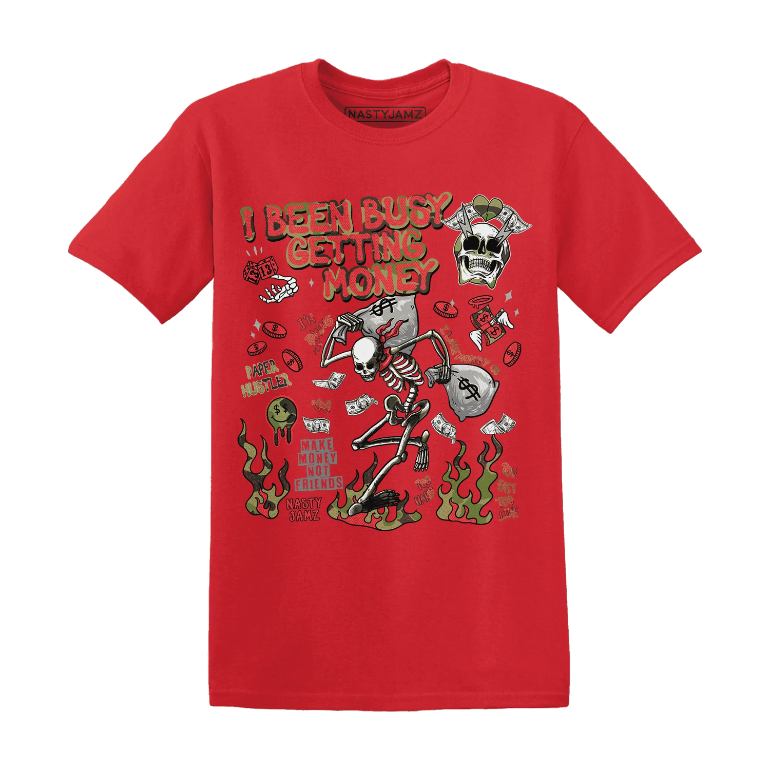AM-90-Dark-Sage-Solar-Red-NastyJamz-T-Shirt-Match-Busy-Getting-Money-Skull