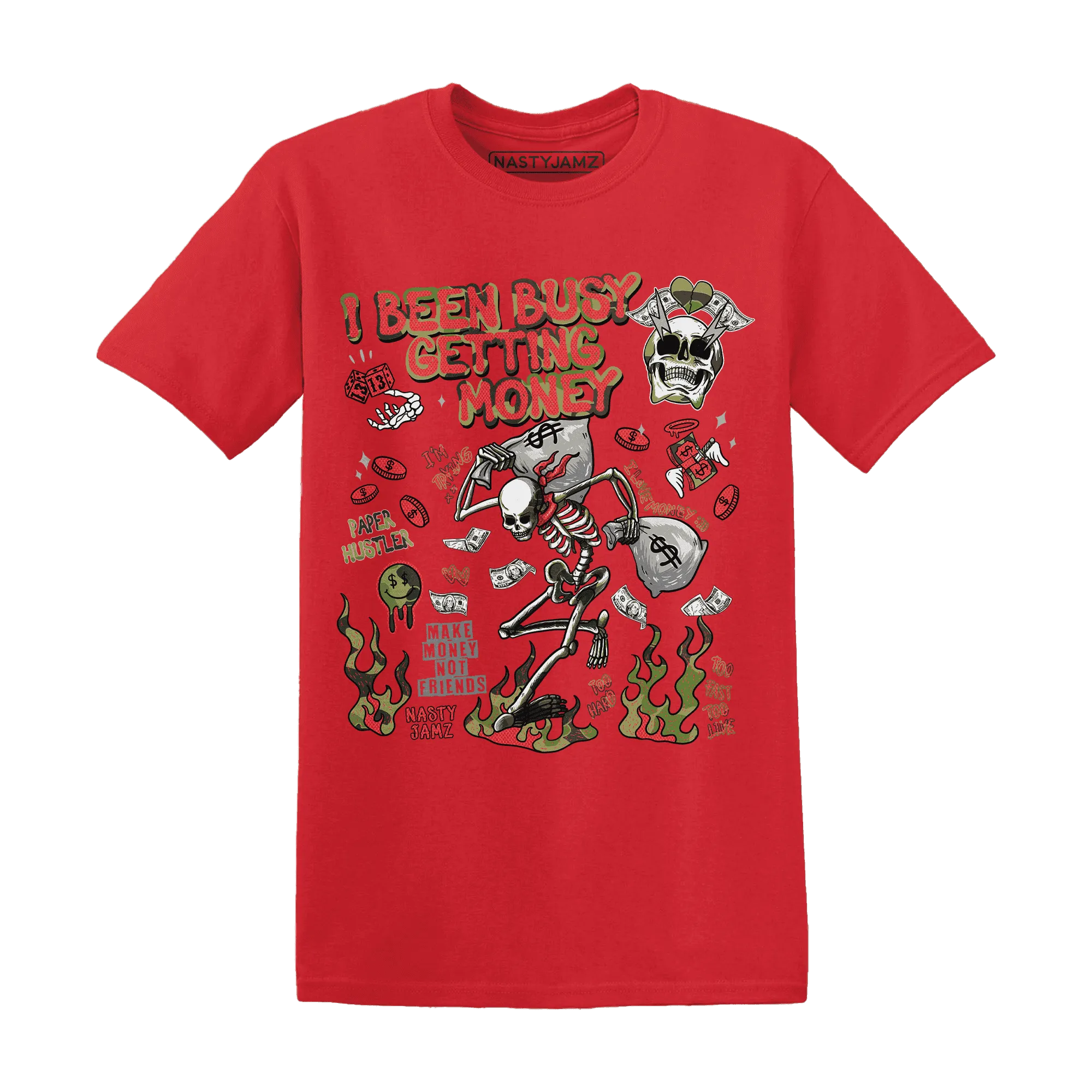 AM-90-Dark-Sage-Solar-Red-NastyJamz-T-Shirt-Match-Busy-Getting-Money-Skull
