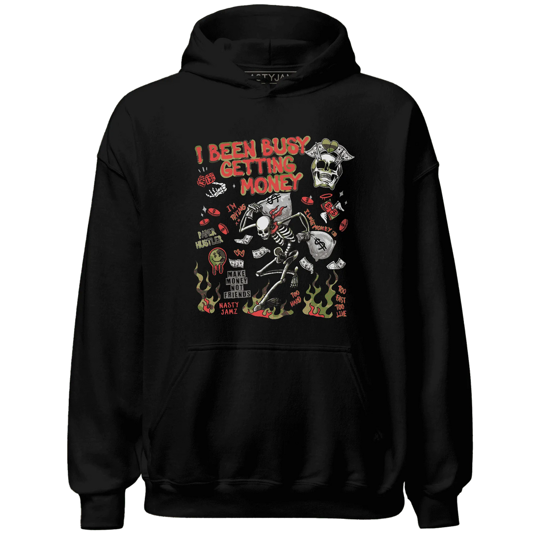 AM-90-Dark-Sage-Solar-Red-NastyJamz-Hoodie-Match-Busy-Getting-Money-Skull