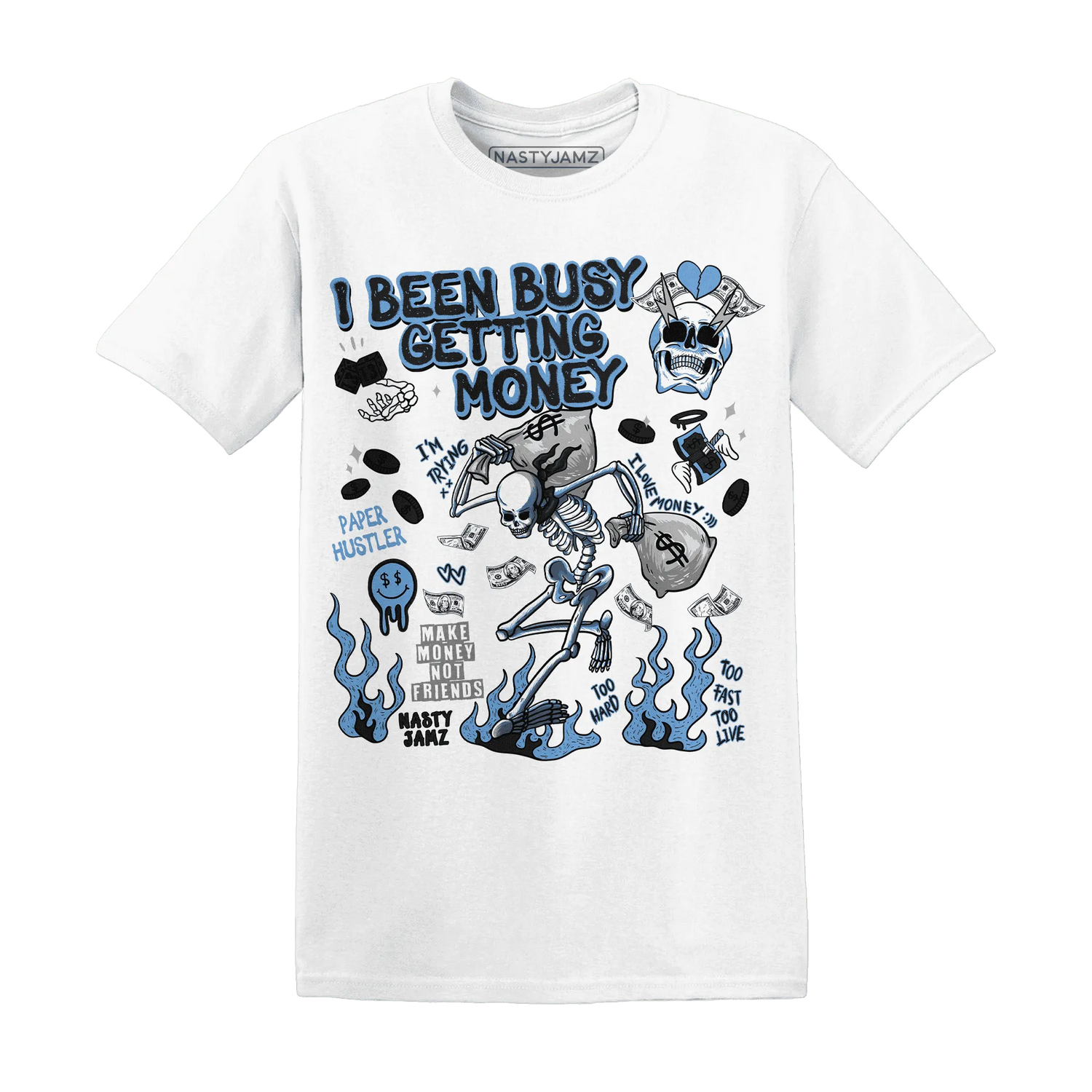 AM-Plus-Black-Univercitii-Blue-NastyJamz-T-Shirt-Match-Busy-Getting-Money-Skull