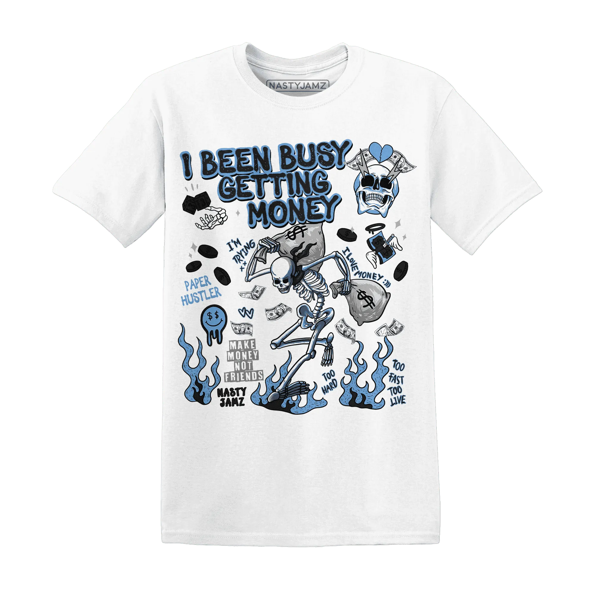 AM-Plus-Black-Univercitii-Blue-NastyJamz-T-Shirt-Match-Busy-Getting-Money-Skull