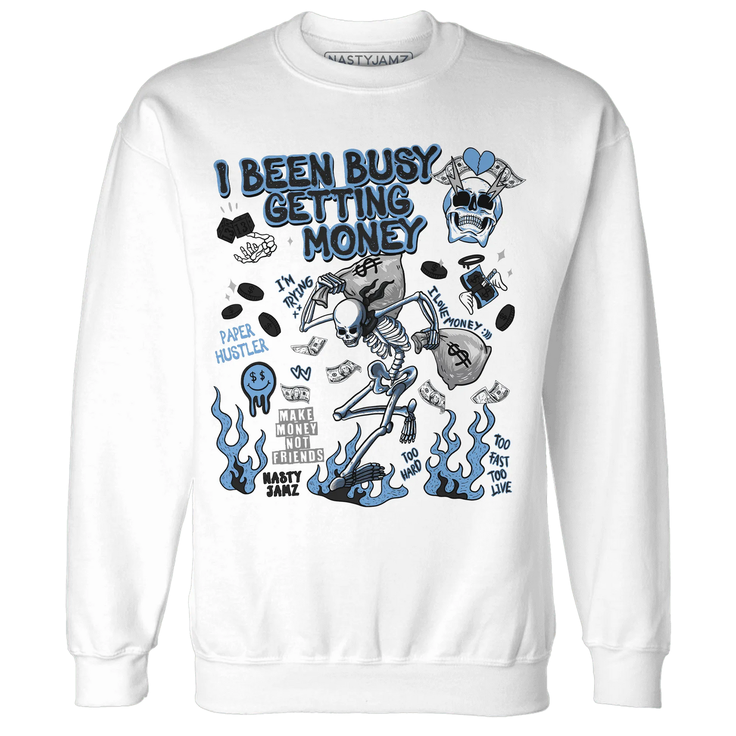 AM-Plus-Black-Univercitii-Blue-NastyJamz-Sweatshirt-Match-Busy-Getting-Money-Skull