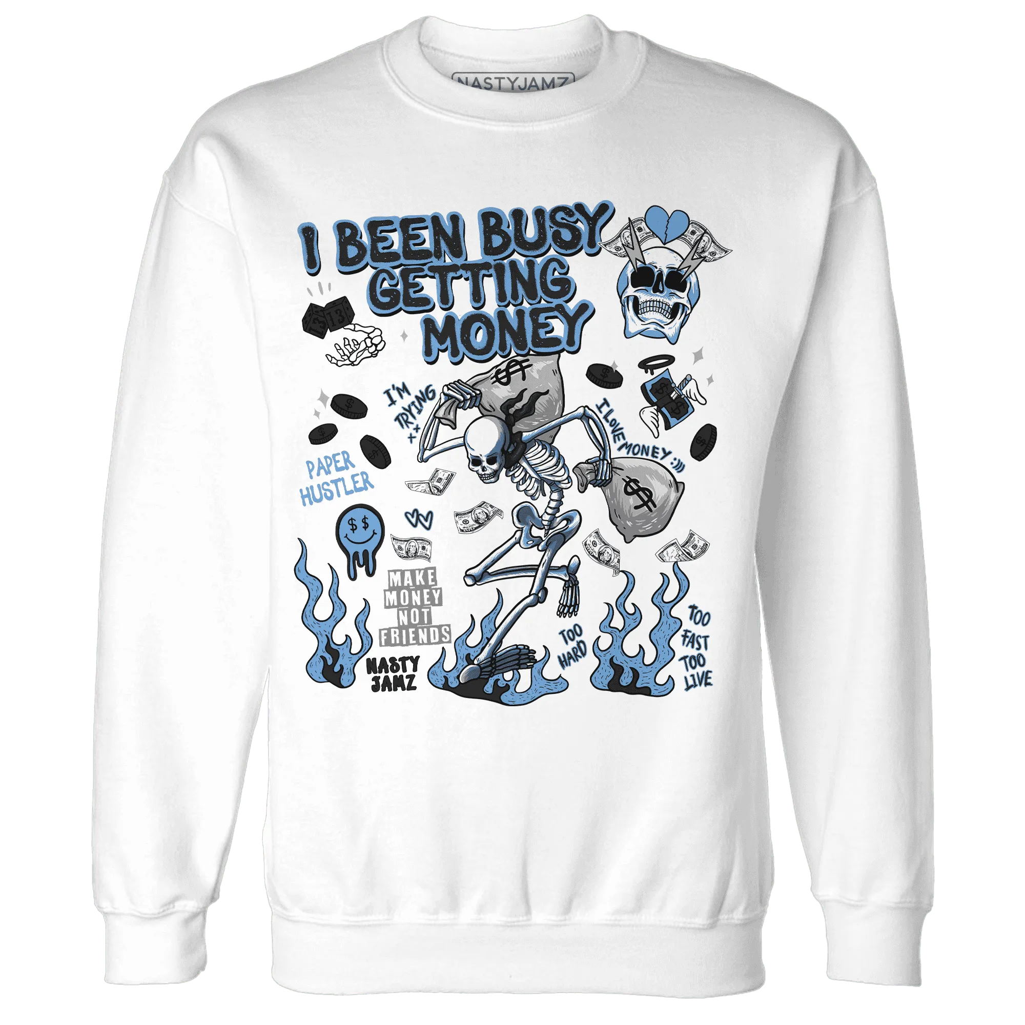 AM-Plus-Black-Univercitii-Blue-NastyJamz-Sweatshirt-Match-Busy-Getting-Money-Skull